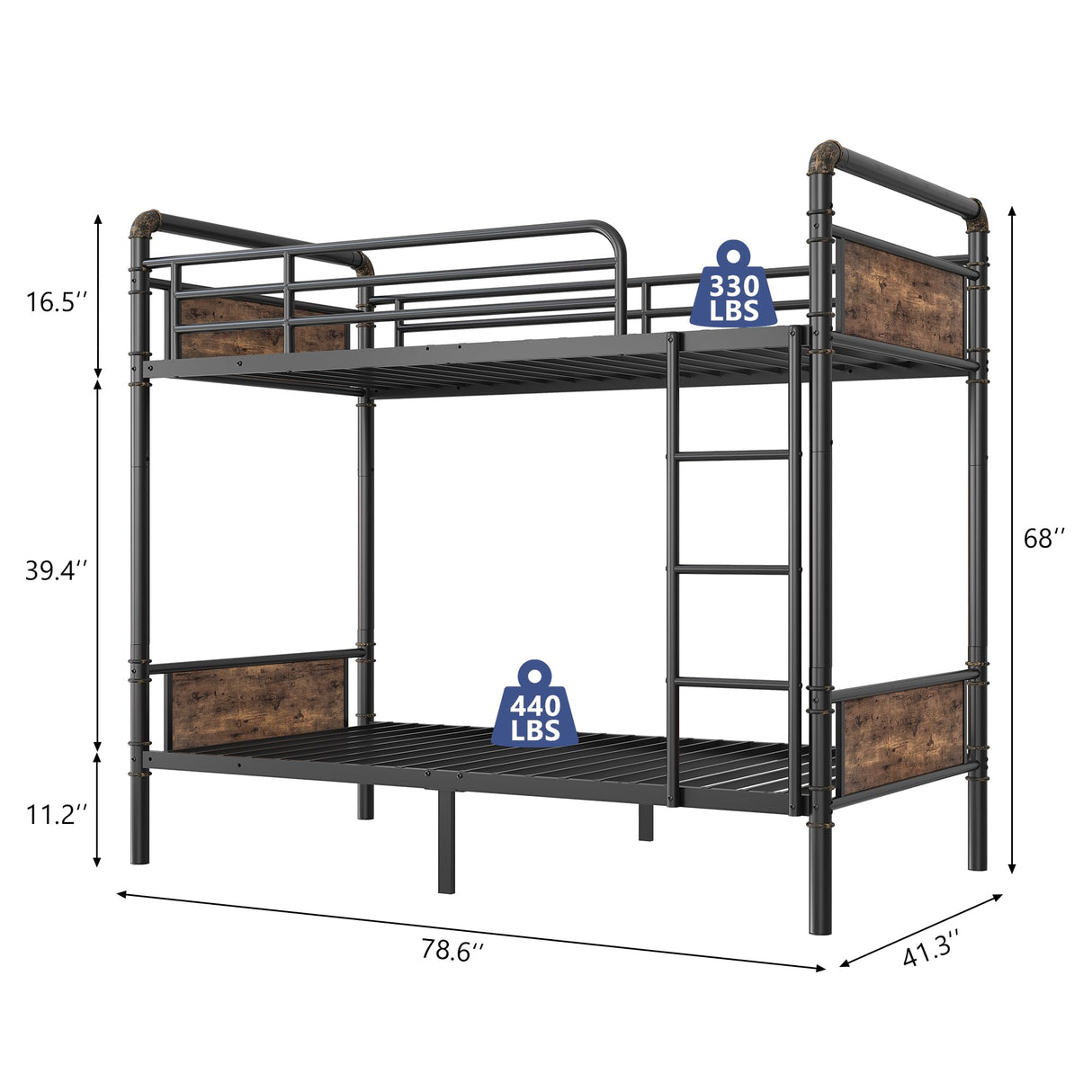 Bunk Bed Twin Over Twin, Heavy Duty Metal Bunkbeds with Ladder and Full-Length Guardrail, Convertible into 2 Individual Beds for Kids, Teens and Adults, Under-Bed Storage Space, Vintage Brown Jocoevol