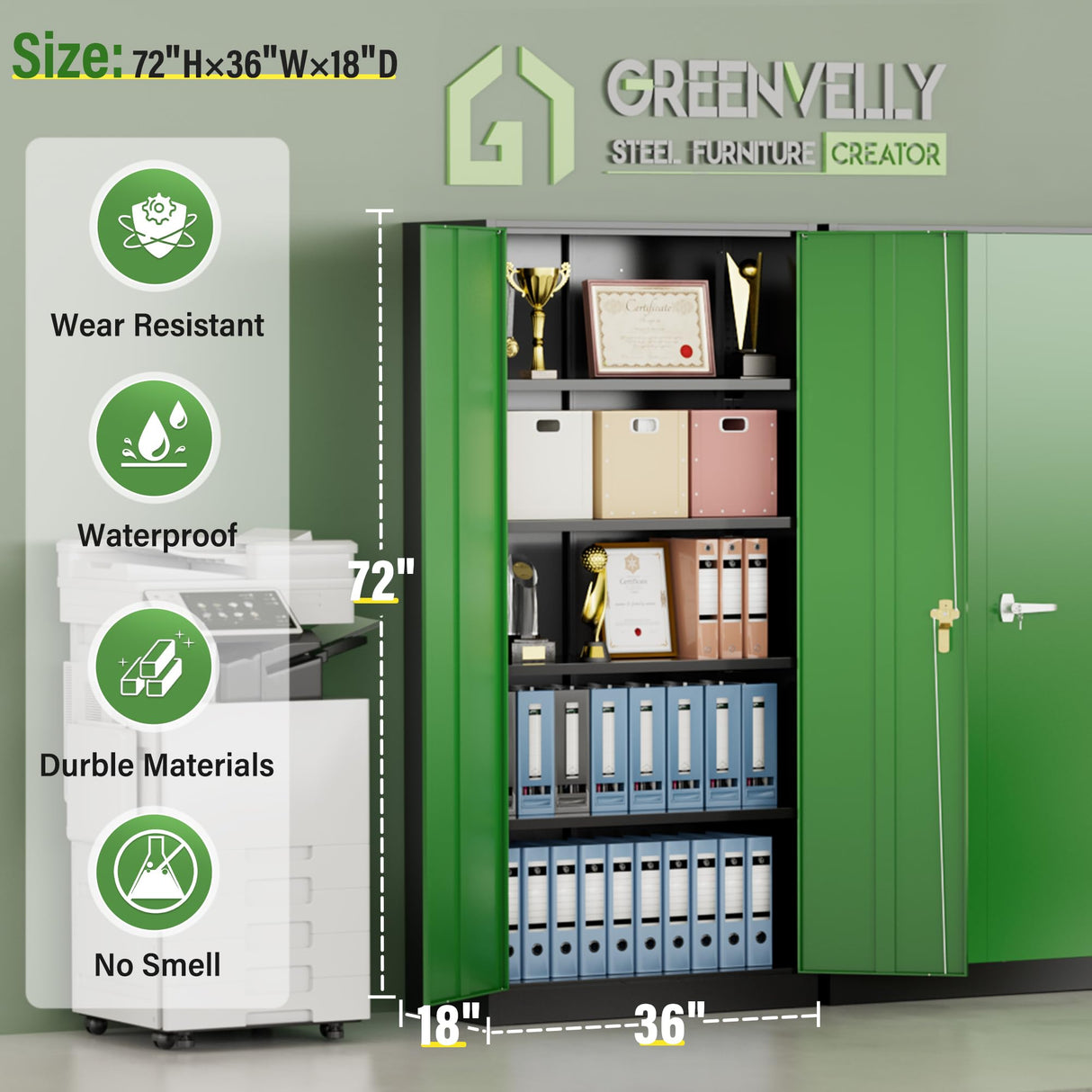 Greenvelly Metal Garage Storage Cabinet,72" Steel Locking Garage Storage Cabinet with Doors and Shelves,Metal Office Storage Cabinet for Home,School,Garage(Black Green 36" W x18 D) Greenvelly