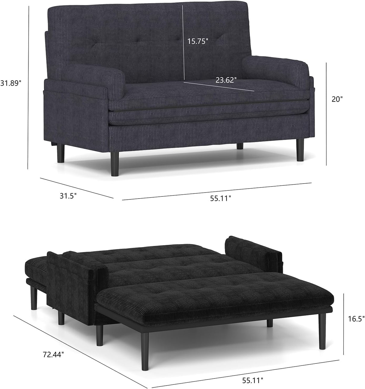 Majnesvon 55" Modern Corduroy Sofa Bed Futon,3-in-1 Convertible Pull Out Sleeper Couch Bed with Adjustable 3 Backrest,Folding Small Loveseat for Living Room Bedroom RV Office (Black) Majnesvon