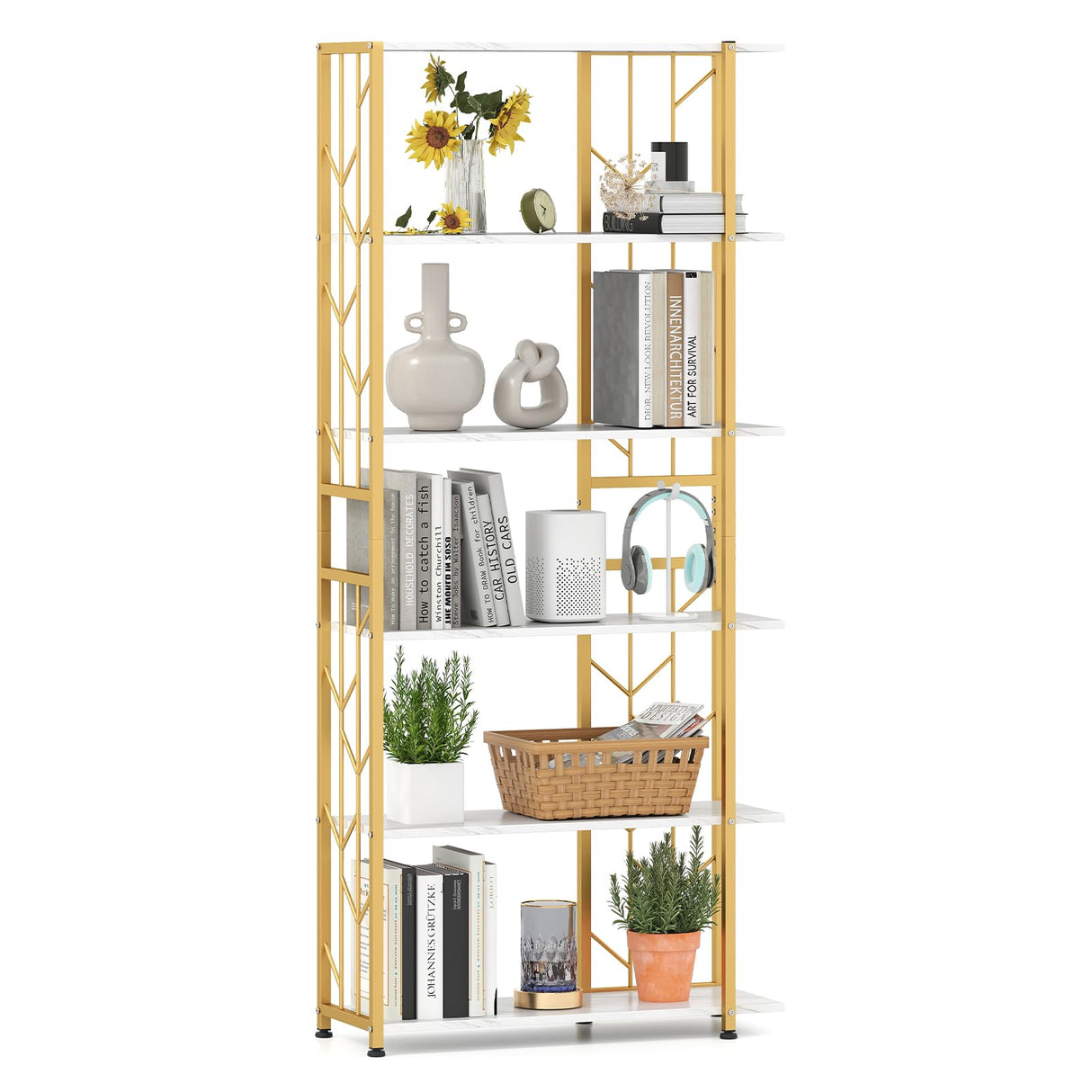 Giantex 6-Tier Bookshelf, Modern Geometric Bookcase with Heavy-Duty Metal Frame, Freestanding Display Rack w/ 2 Anti-Tipping Kits, Storage Shelf for Living Room, Bedroom, Study (1,Gold+White) Giantex
