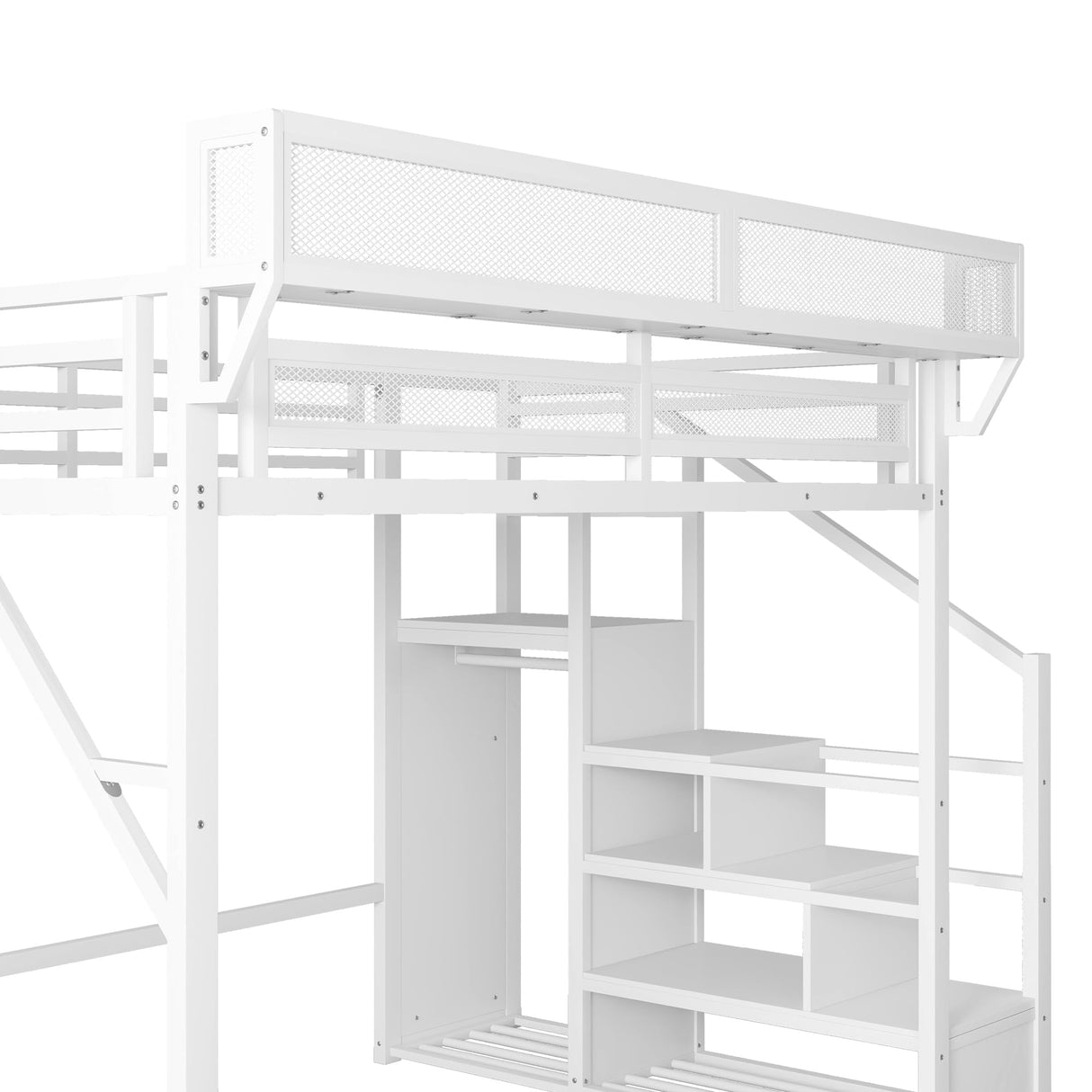 FEIOMKSS Queen Size Loft Bed with Stairs and Storage Metal Loft Bed Frame with Bedside Shelf and Large Under-Bed Space, Heavy-Duty Bed for Adults (White+Iron, Queen) FEIOMKSS