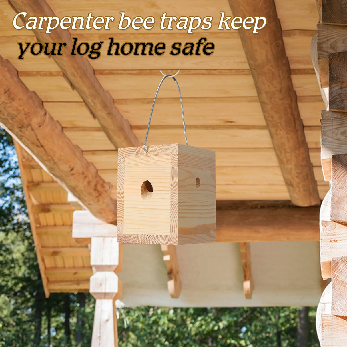 Qualirey 2 Pack Wood Carpenter Bee Traps with Solar Lights, Wasp Traps Outdoor Hanging Hornet Traps Effective Boring Hornet Trap for Outdoor Gardens Patios, 4.1'' W x 4.8'' H x 5.9'' D Qualirey