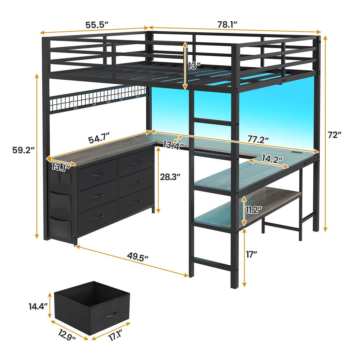 ADORNEVE Loft Bed Full Size with U-Shaped Desk, 6 Storage Drawers, Power Outlet, LED Metal Loft Bed with 2 Storage Shelves, Bed with Safety Guardrail & Ladders, No Box Spring Needed, Grey ADORNEVE