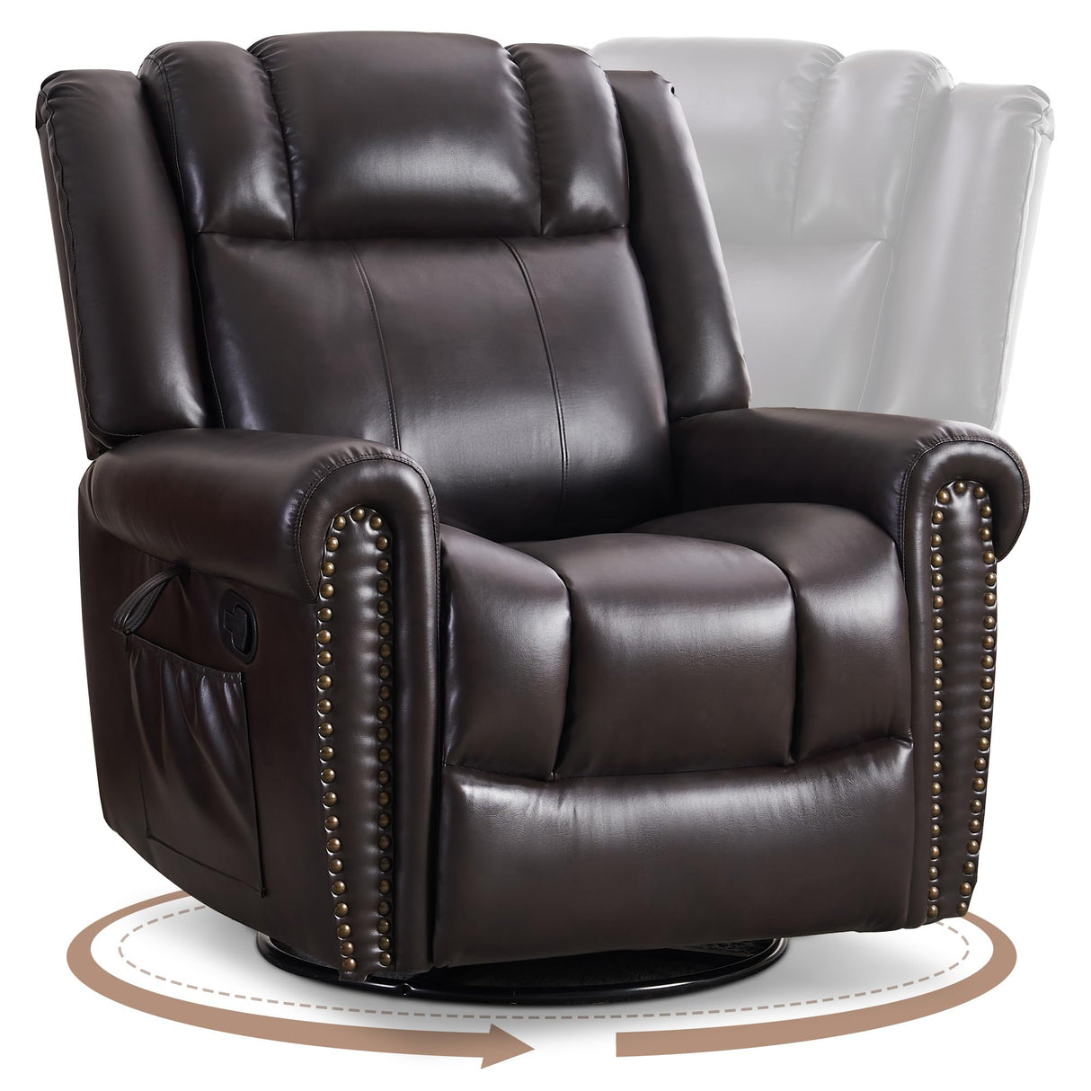 SOFTHION Swivel Rocker Recliner Chair, Leather Massage Vibration Heat Traditional Manual Recliner for Adults, Single Sofa for Living Room, Bedroom Home Theater Seating, Glider, Brown SOFTHION