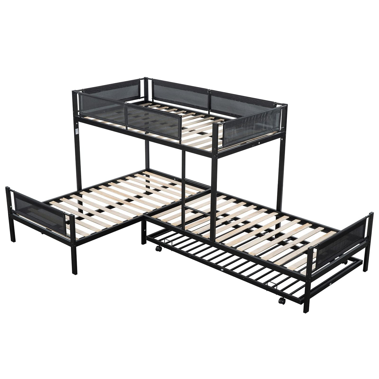 KIVENJAJA L-Shape Triple Bunk Bed with Trundle, Metal Quad Bunk Beds Twin Over Twin for 4 Kids, Heavy Duty 4 Small Bunkbeds for Teens Girls Boys Adults, Black KIVENJAJA