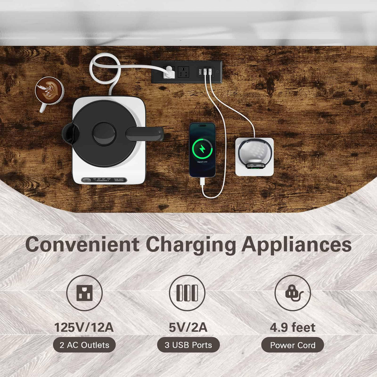 Zarler LED Mini Bar Table Cabinet with Power Outlet and 4-Tier Storage in Brown Zarler