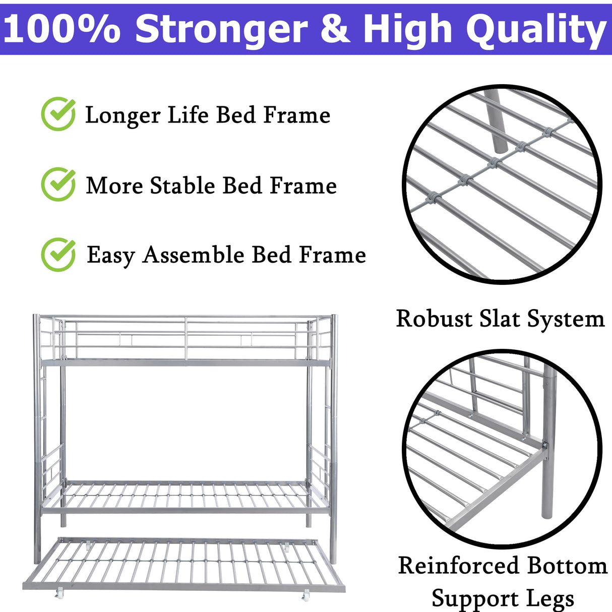 Heavy Duty Metal Bunk Bed Twin Over Twin for Kids Adults, Modern Twin Over Twin Bunk Bed with Trundle, Latest Version Twin Size Bunk Beds Frame, Convertible Bunkbed with Safety Guard Rails (Silver) FUSVZ