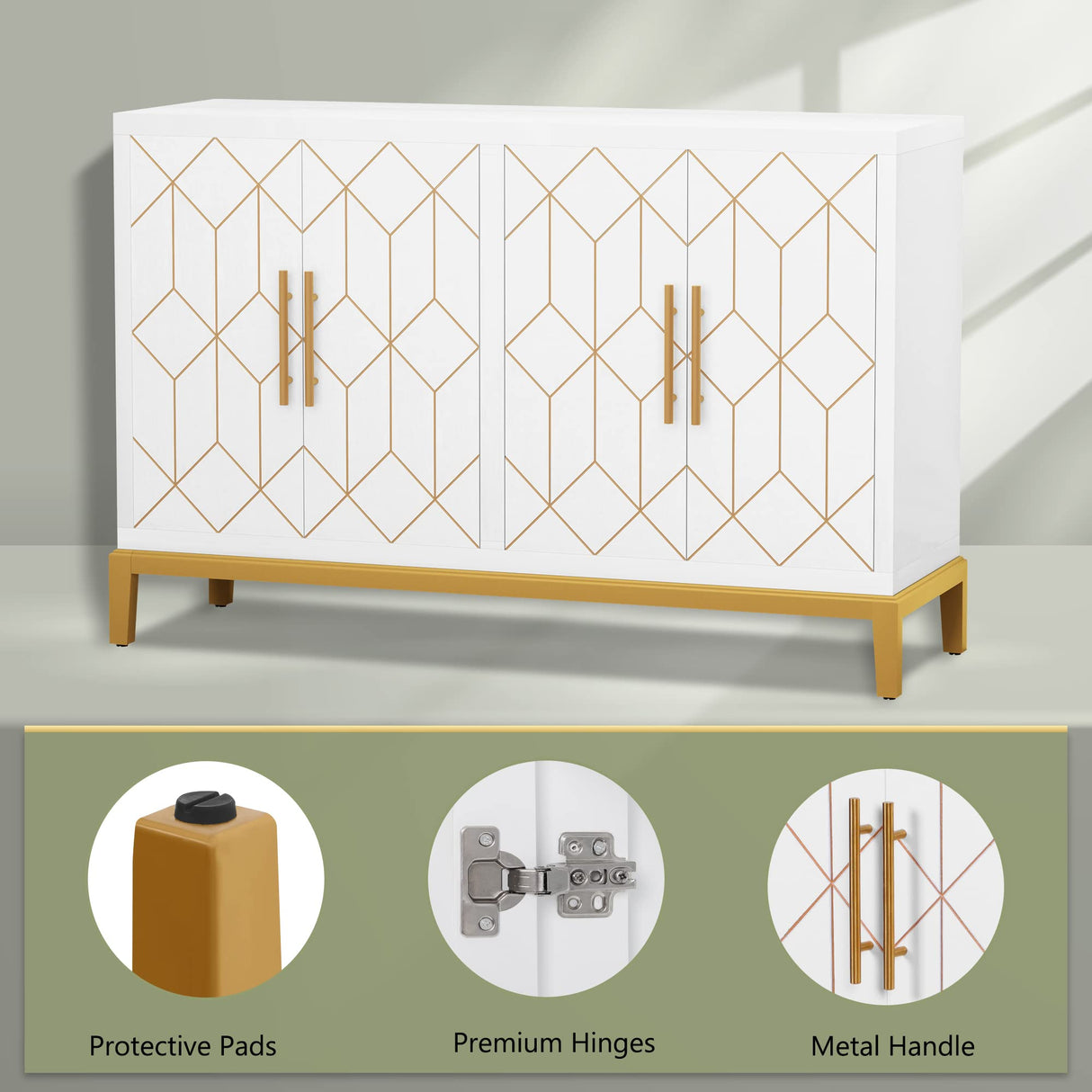 HLR Accent Cabinet with 4 Doors and Shelves, Sideboard Buffet Cabinet with Gold Lines, Modern Credenza Storage Decorative Cabinet for Living Room, Entryway, Kitchen, Dining Room, White HLR