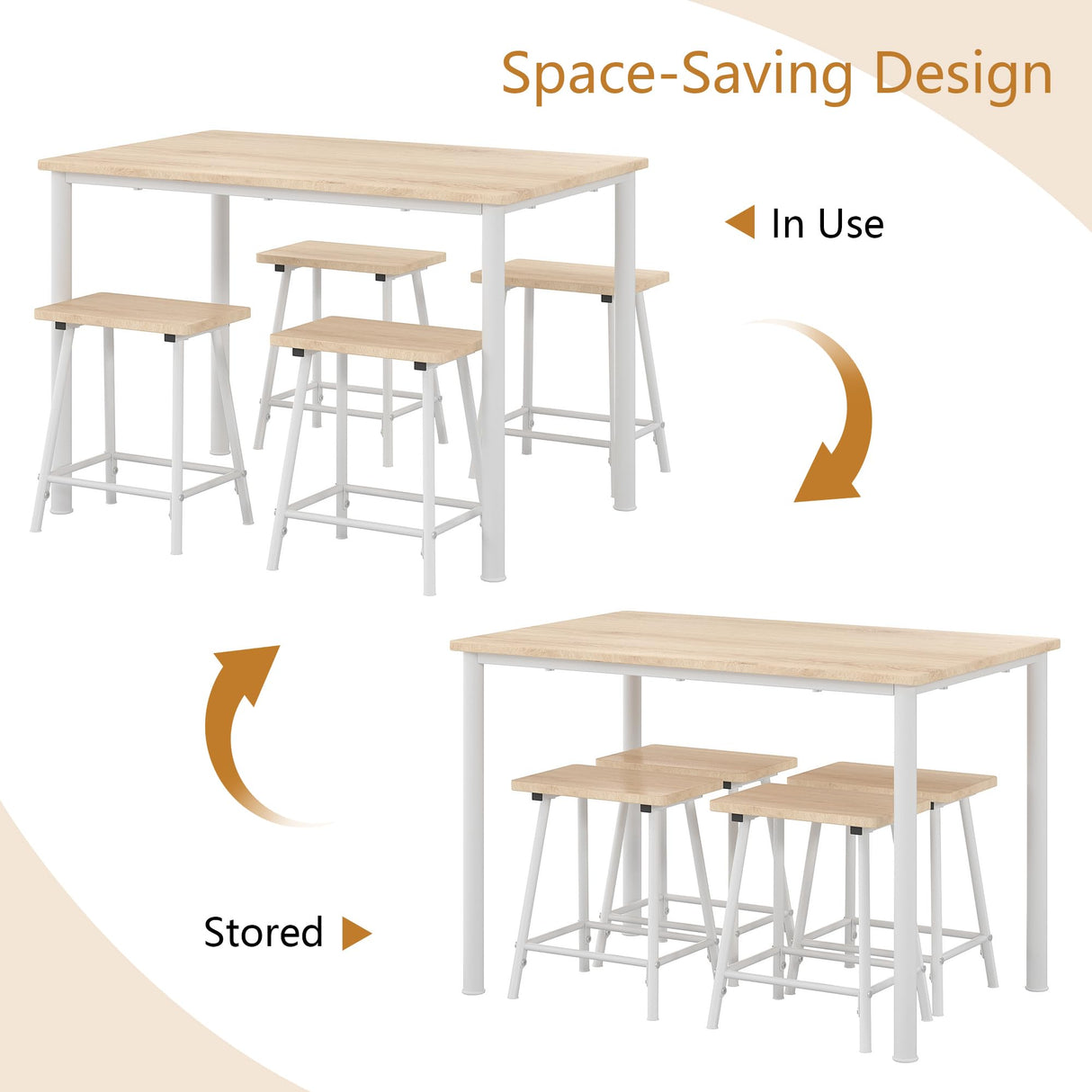 VECELO Kitchen Table and Chairs for 4, Dining Room Set with Chairs/Stools, Heavy-Duty Metal Frame with Wooden Tabletop for Small Spaces, Easy Assembly, Natural Oak VECELO