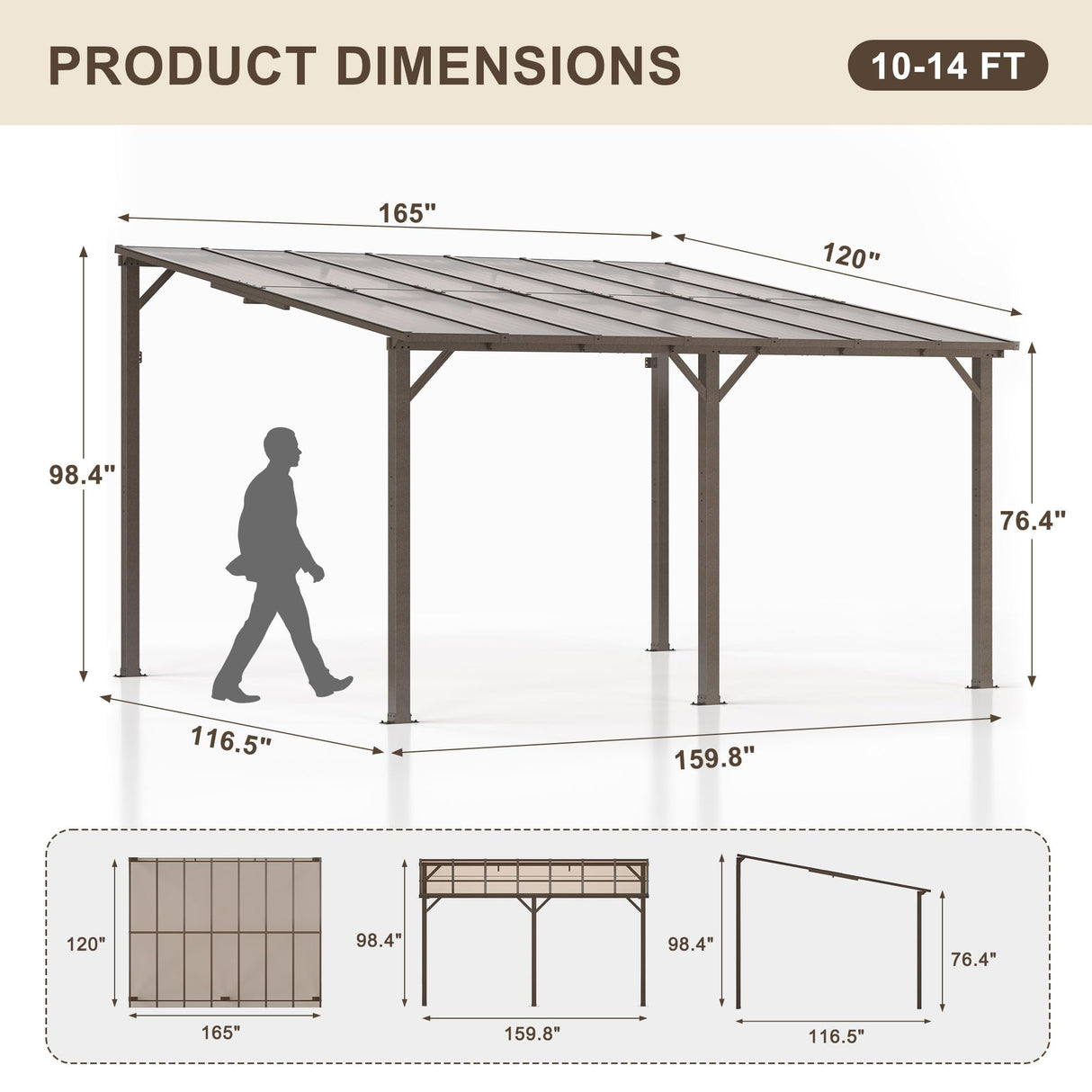 VIWAT 10' x 14' Gazebo, Outdoor Gazebos on Clearance with Aluminum Frame, Wall Mounted Gazebo & Pergola, Lean to Gazebo Awnings for Patio, Decks, Porch and Backyard VIWAT