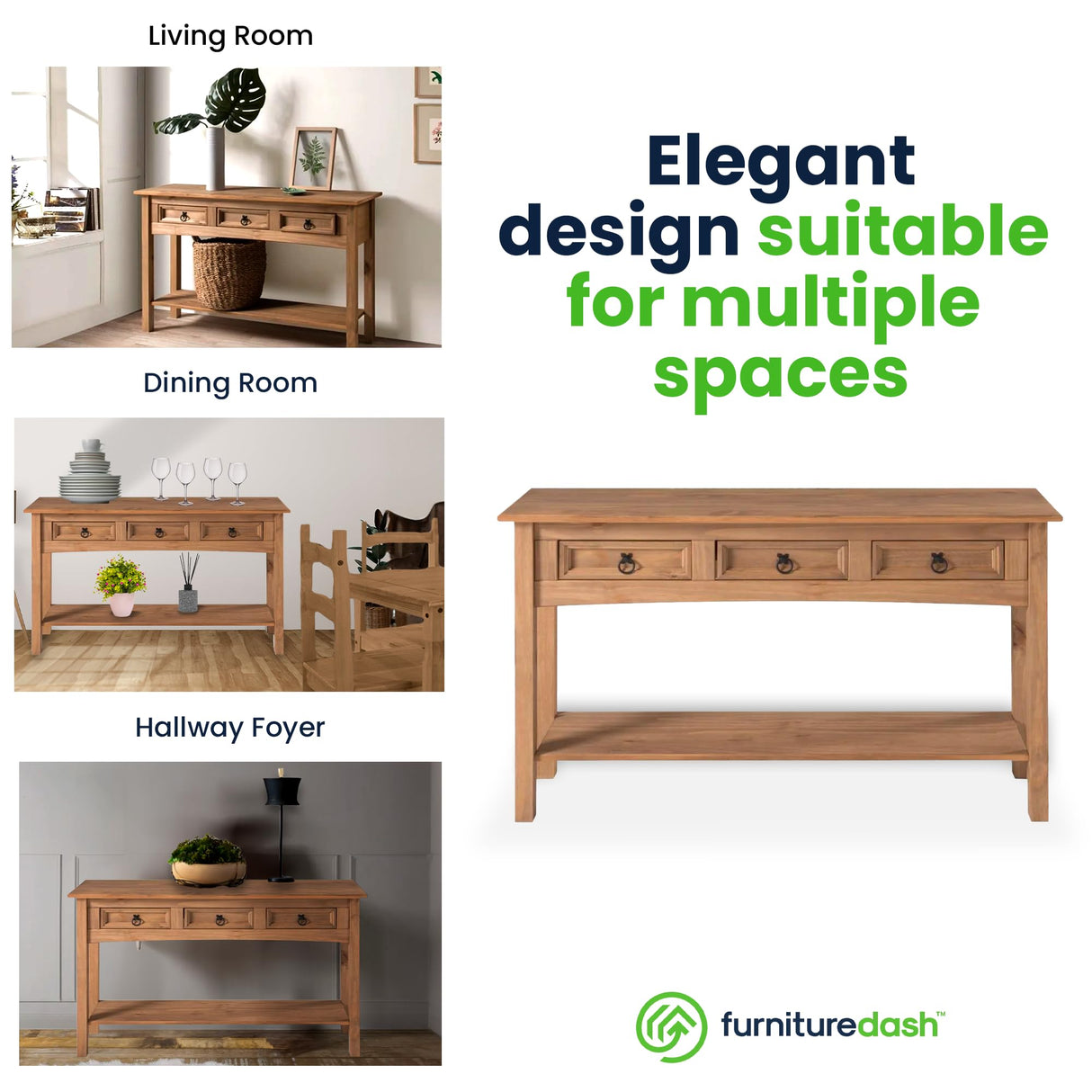 Farmhouse Solid Wood Hall Table with 3 Drawers - Furniture Dash 47.9" Console for Entryway and Foyer Furniture Dash