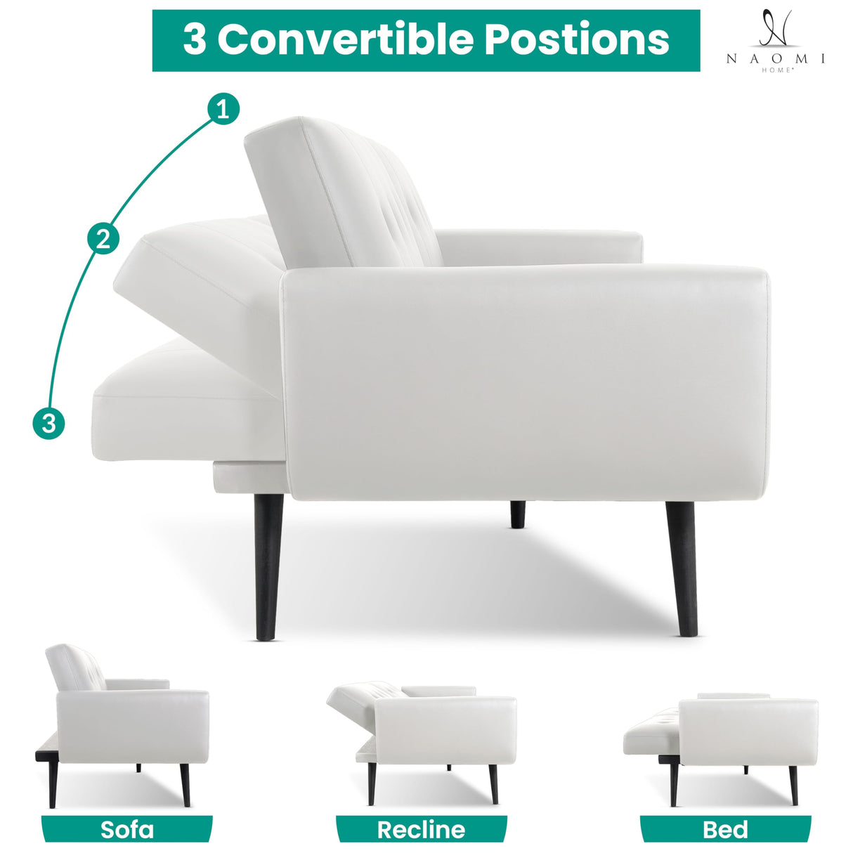 Naomi Home Monica Leather Futon Sofa, Convertible Couch Bed, Split Back Premium air Leather Sleeper Couch Sofa for Living Room, Mid Century Modern Fold Out Couch Bed with Tapered Legs - White Naomi Home