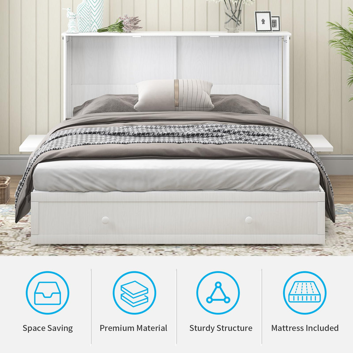 Mjkone Murphy Bed Cabinet, Queen Murphy Bed with Tri-Fold Mattress and USB Charging Station, Space-Saving Cube Beds with 2 Large Drawers for Living Room Guest Room Bedroom -White Mjkone