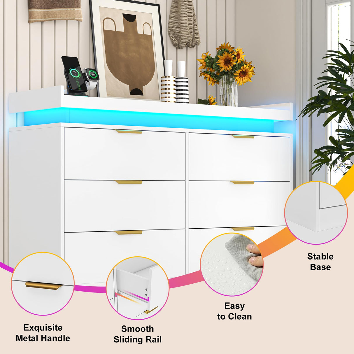 6 Drawer Dresser for Bedroom, White Dresser with LED Lights and Power Outlet, Modern Chest of Drawers for Closet, Double Wide Drawer Organizer Cabinet for Bedroom, Living Room, Entryway, Hallway knoworld