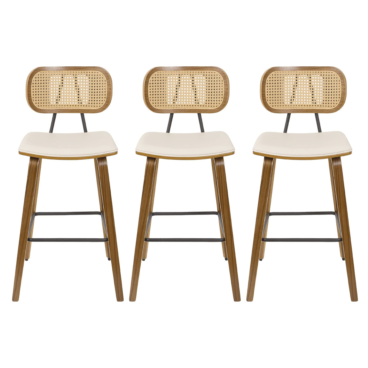 Mid-Century Modern Wood Bar Stools Set of 3 with Rattan Back and PU Leather Seat - 26" Cream White Counter Height Chairs Bekrvio