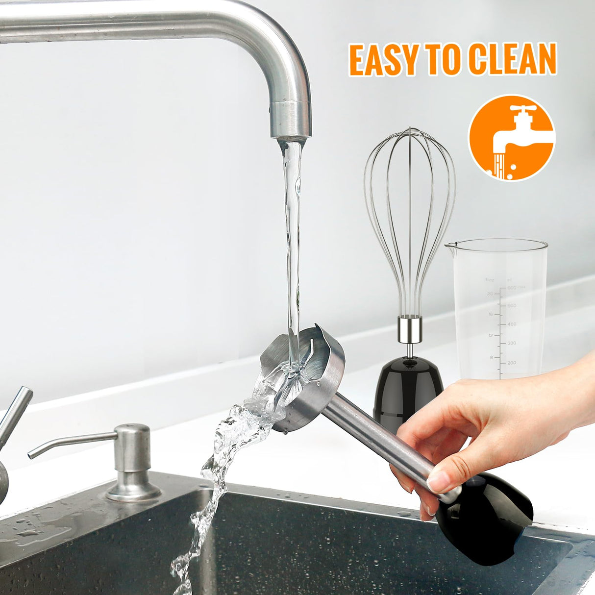 Immersion Blender Handheld, 1100W 5-in-1 Multi-Purpose Hand Blender, 12-Speed Stick Blender, 600ml Beaker, 500ml Chopper, Egg Whisk, Milk Frother, Black MOOKA FAMILY