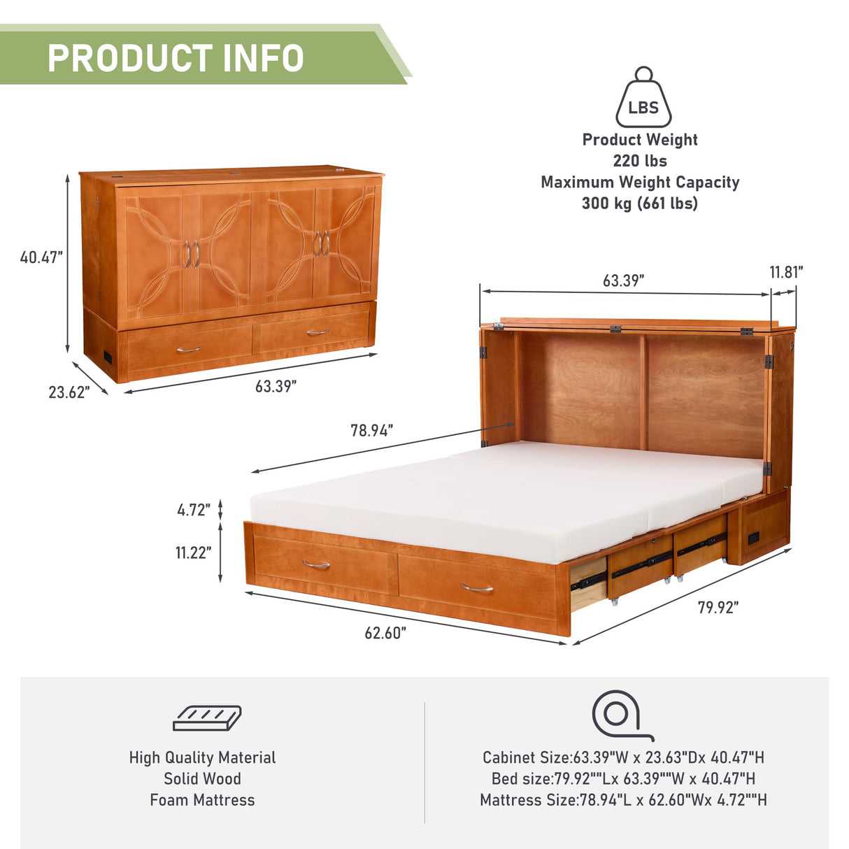 EDWINENE Queen Murphy Bed with Mattress Included, Murphy Bed Cabinet with Drawers and Charging Station for Small Spaces, Home Offices (Circular Pattern, Cherry) EDWINENE
