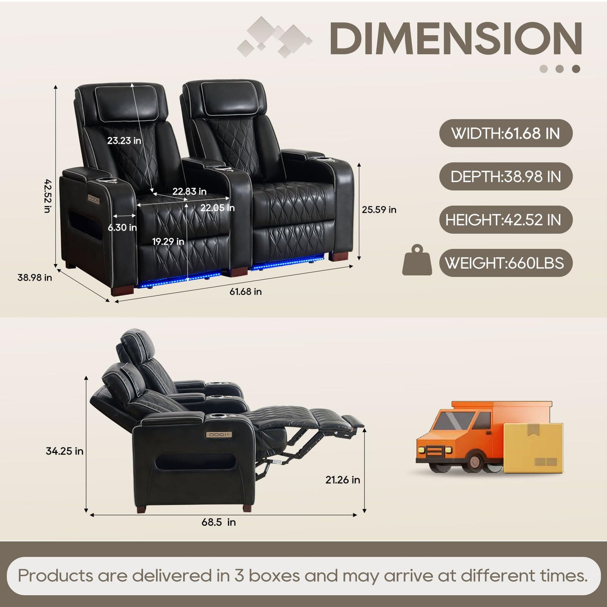 CALIVIA Luxury Home Theater Seating – Power Recliner with Adjustable Headrests, Blue LED Ambient Lighting, Tray Table, USB & Type-C Charging (Black,2 Seat) CALIVIA