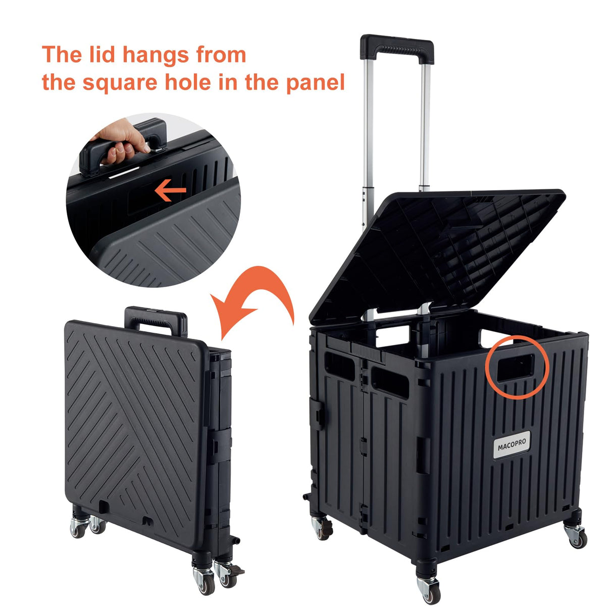 MACOPRO Folding Utility Cart Portable Rolling Crate Handcart Shopping Trolley Collapsible Tool Box, with Lid, Basket on 4 Rotate Wheels, for Grocery, Office, Luggage, Teacher (Black) MACOPRO