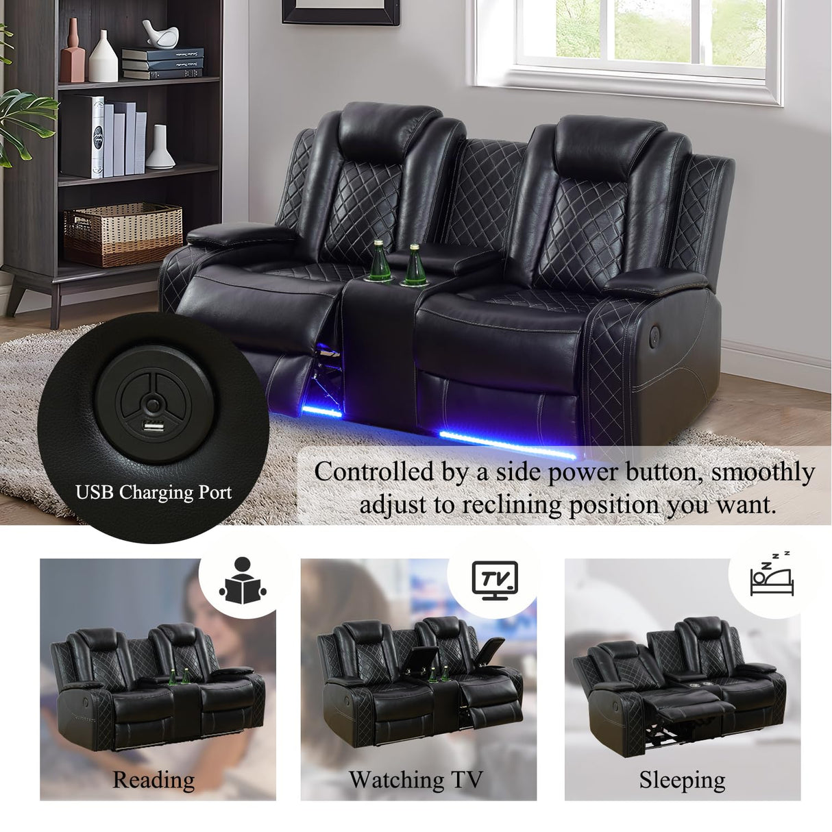 Plithzy Power Recliner Sofa Set with LED, Breathing Leather Living Room Furniture, Reclining Leather Couches with USB Ports/Cup Holder/Armrest Storage for Home Theater (Sofa and Loveseat, Black) Plithzy