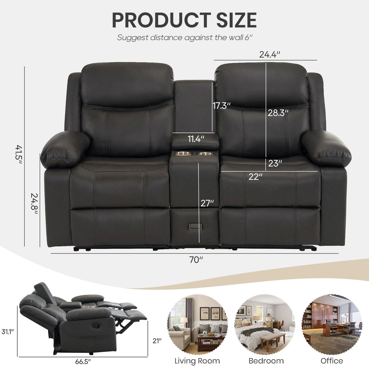 P.H.Furn Recliner Sofa, Reclining Loveseat Sofa with Massage & Heat, Reclining Couch with Side Pockets, Extra Storage, Cup Holders P.H.Furn