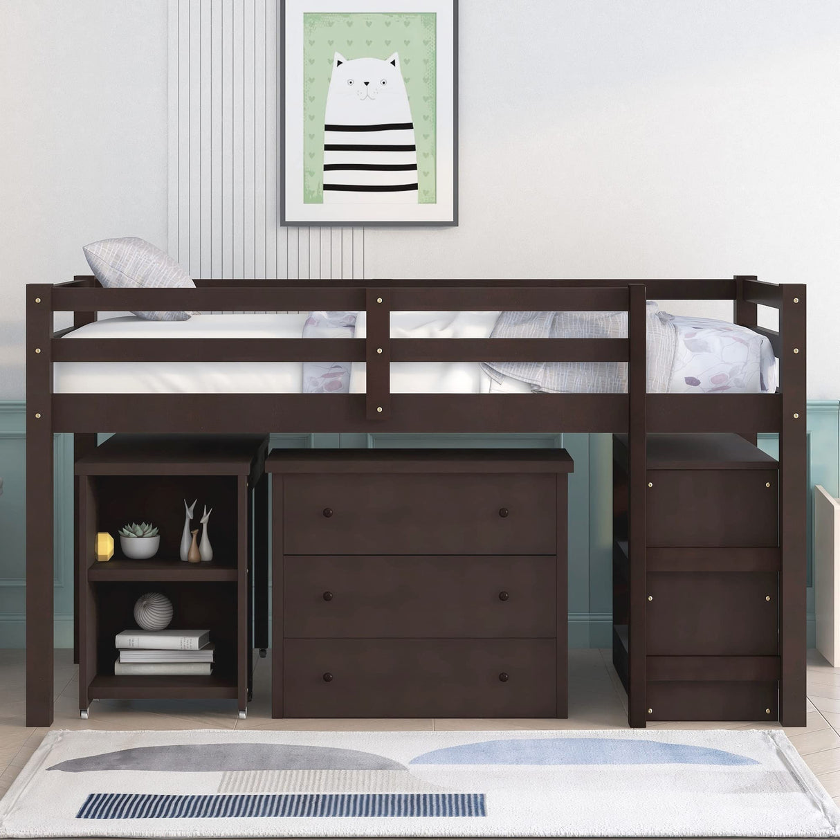 Harper & Bright Designs Kids Low Loft Bed with Rolling Desk and Storage Cabinet, Twin Size Wood Loft Bed Frame with Bookshelf (Espresso, Twin) Harper & Bright Designs