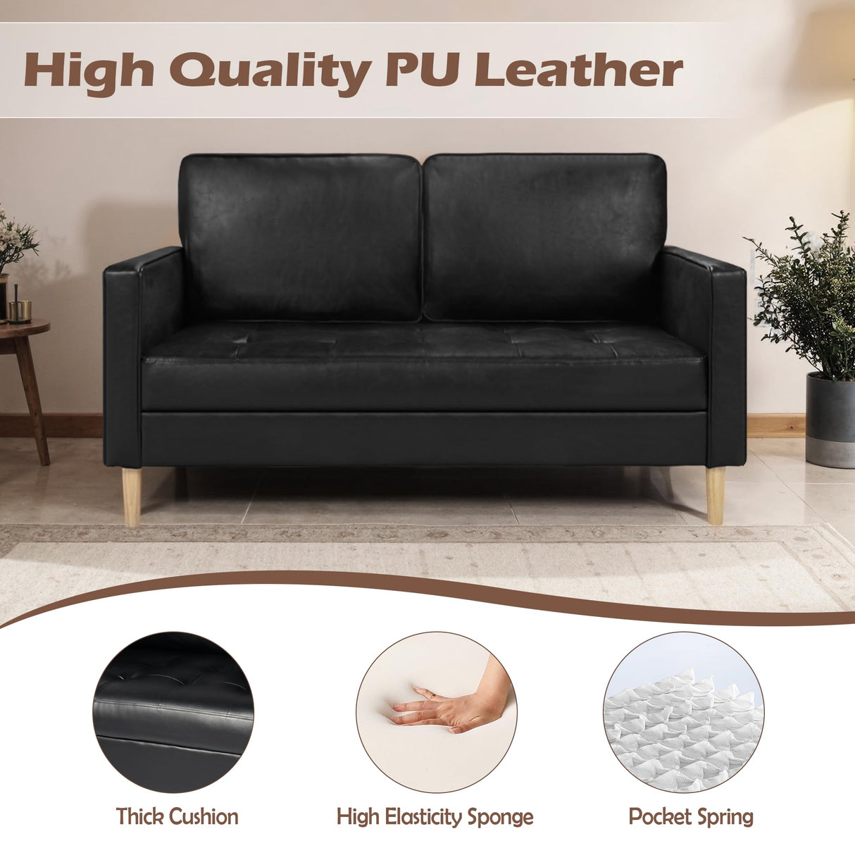 AILEEKISS 57'' Mid-Century Loveseat Faux Leather Sofa Couch with Armrest for Two People Modern 2 Seat Sofa for Living Room (2-Seater, Black) AILEEKISS