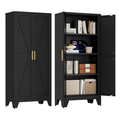 61" Tall Farmhouse Metal Pantry Cabinet, Kitchen Pantry Storage Cabinets with 2 Barn Door and Adjustable Shelves,Metal Pantry Storage Cabinet,for Kitchen,Laundry Room,Home Office,Kids Room (Black)