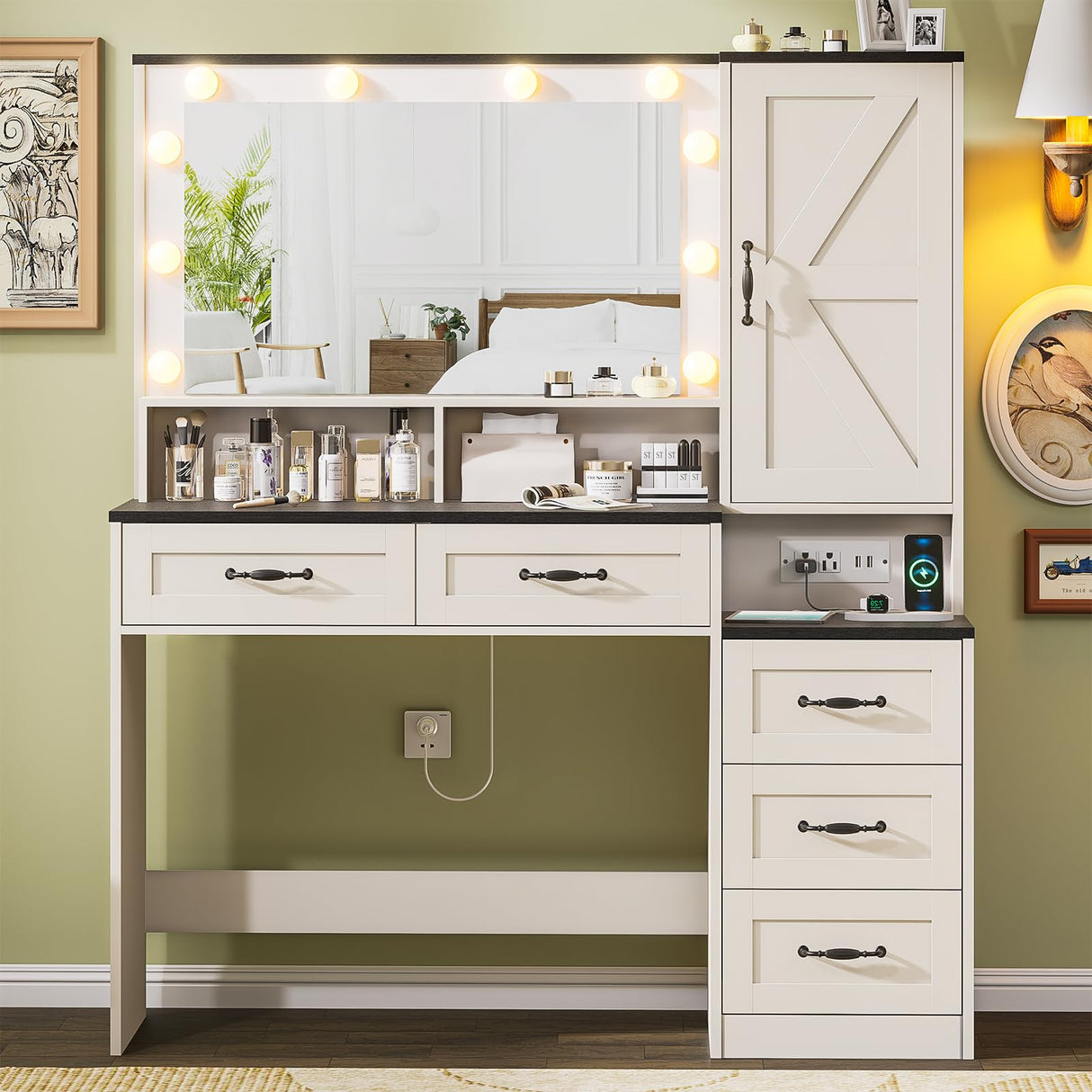 Farmhouse Vanity Desk with Mirror and 10 Led Lights, 45.3 " Large Makeup Vanity Table with Power Outlet, 5 Drawers and 1 cabinet, Vanity Set Dressing Table with 9 Hooks for Women Girls (White+Black) DINGIPP