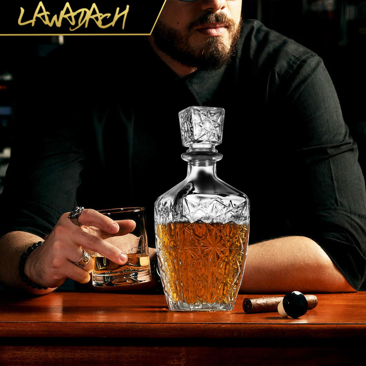 LAWADACH Whiskey Decanter Glass Liquor Decanters Set of 3, Alcohol Bottle for Tequila, Brandy and Vodka Unique Liquor Bar and Party Decorations (28oz*2, 31oz*1) LAWADACH