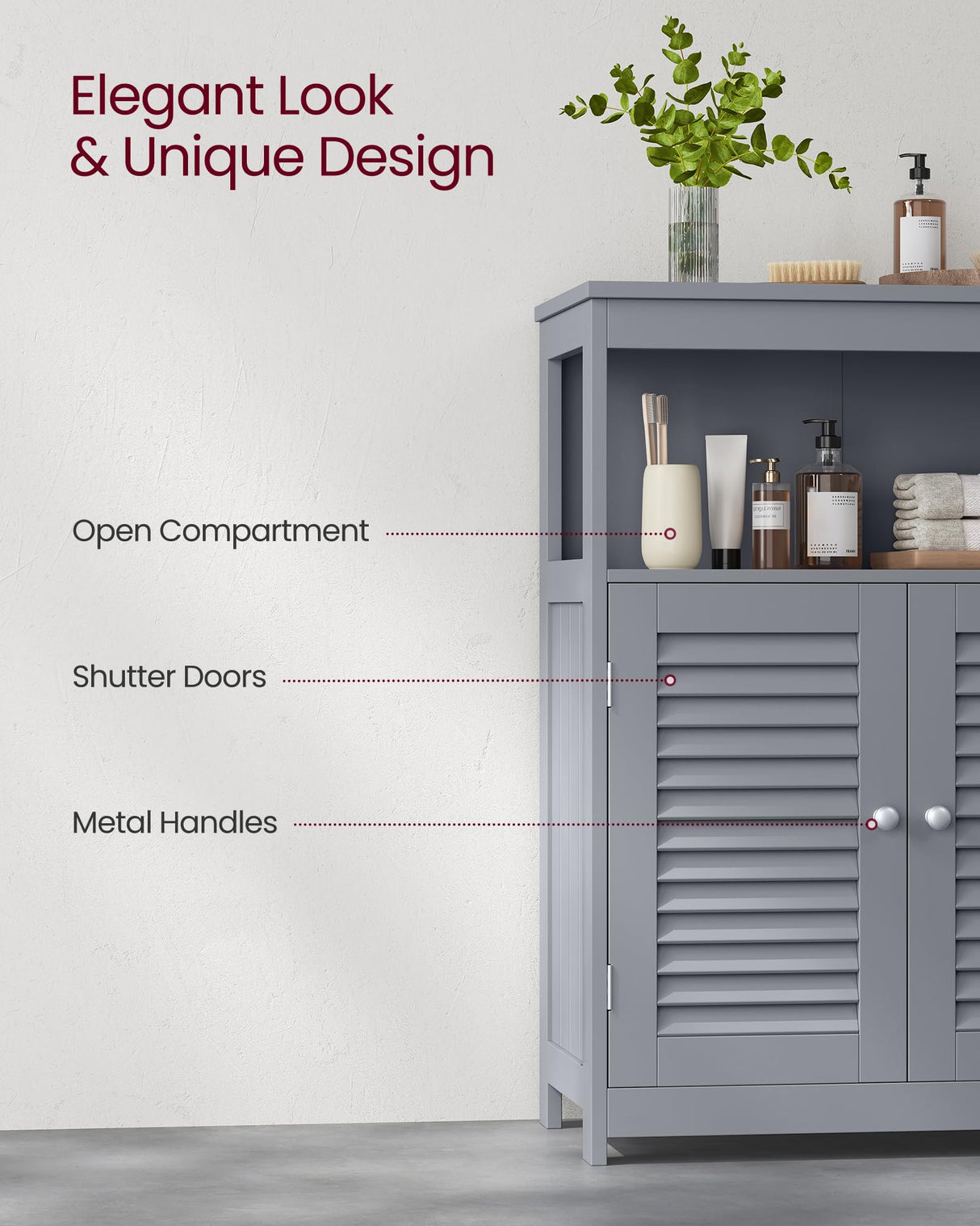 VASAGLE Bathroom Floor Cabinet, Bathroom Storage Cabinet, Freestanding, with Double Shutter Doors and Adjustable Shelf, for Bathroom, Living Room, Entryway, Kitchen, Dove Gray UBBC040G02 VASAGLE