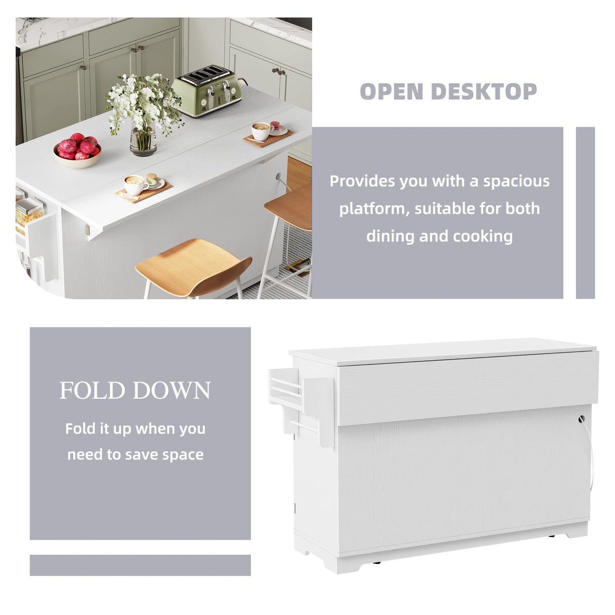 DWVO Kitchen Island with Drop Leaf, 59" Large Mobile Storage Islands with Power Outlet, Double Pull-Out Trash Can Cabinets Fits 10-Gal Garbage Bin, Rolling Kitchen Cart with Spice & Towel Rack, White DWVO