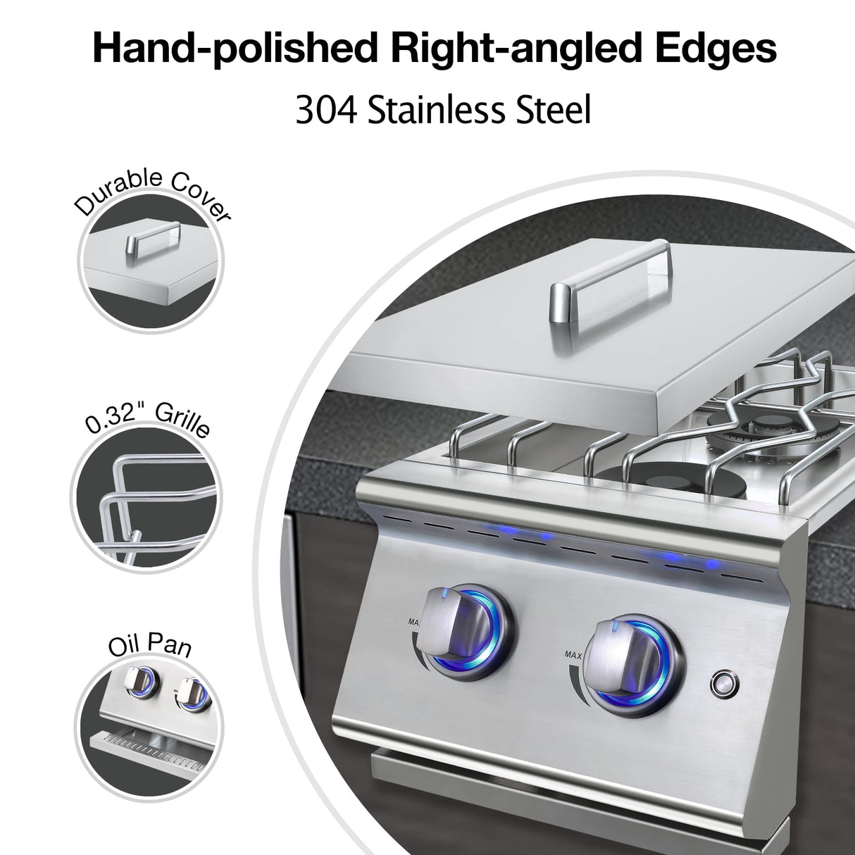 Livory Double Grilling Side Burners for Outdoor Kitchen, 2 * 15,000BTU Liquid Propane Burners, Duty Heavy 304 Stainless Steel, Built-in Side Burner for BBQ Island Grill, with Natural Gas Kit Livory