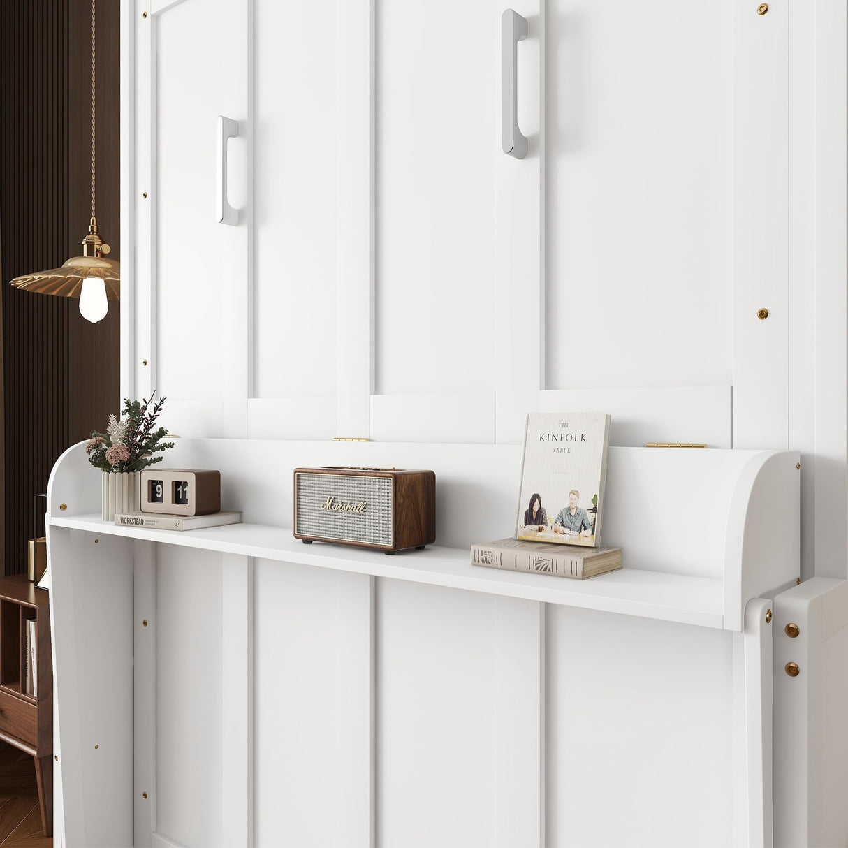 Murphy Bed Queen Size, Hidden Wall Bed Frame with Desk, Solid Wood Cabinet Bed Frame with Gas Struts, No Box Spring Needed, White RuiSiSi