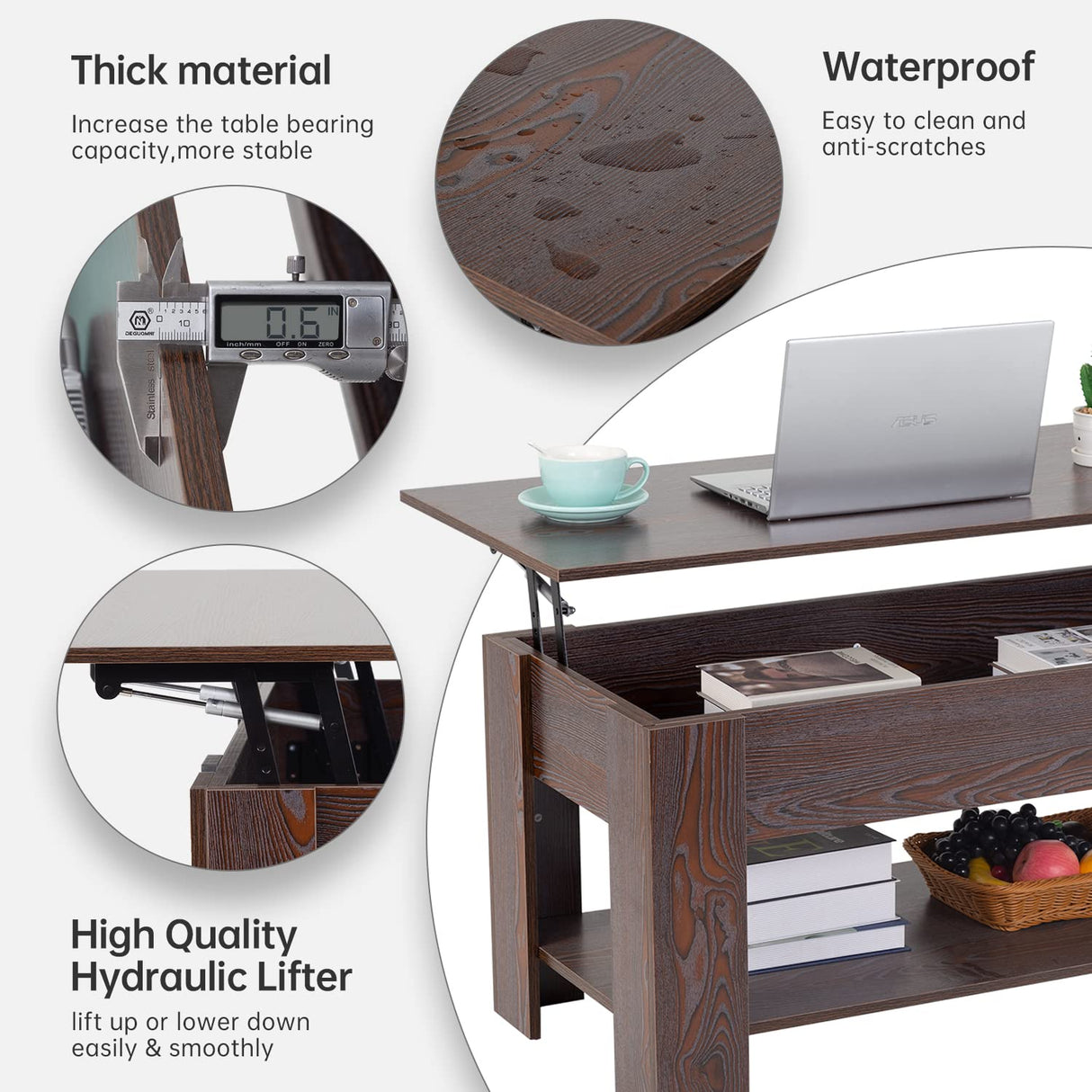 FDW 39 inch Lift Top Coffee Table with Hidden Storage Compartment & Lower Shelf,Coffee Table with Lift Top for Living Room,Home Small Space,Espresso FDW