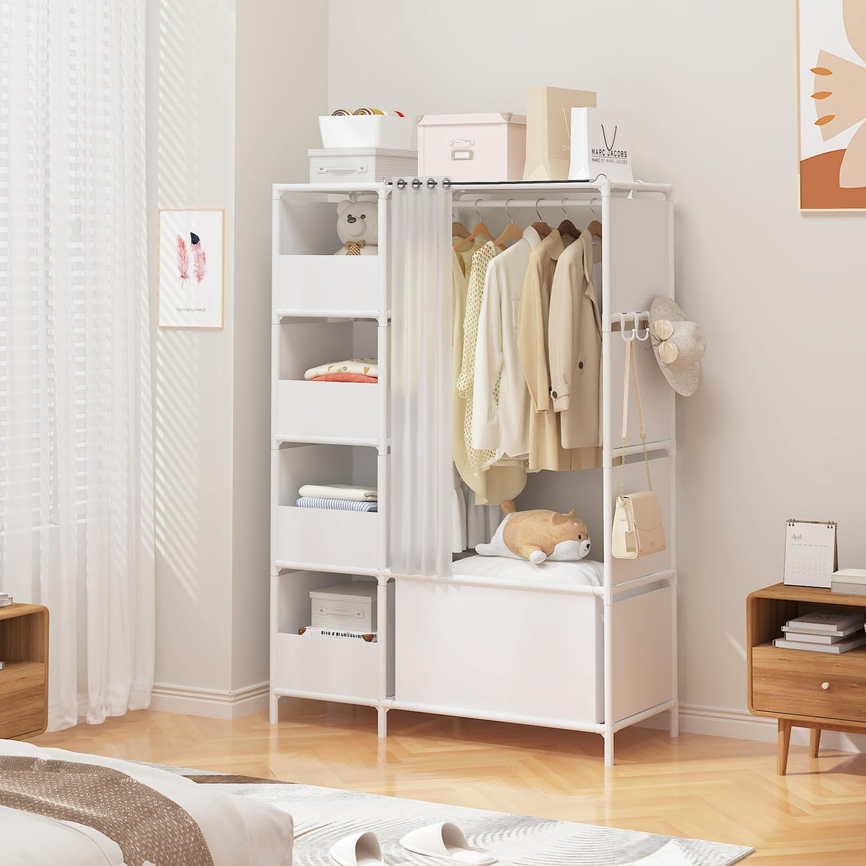 MOYIPIN Portable Closet,Free Standing Wardrobe Closet with Hanging Rod and Curtain,Clothes Storage Organizer, for Cloakroom, Bedroom,40.55 x 16.73 x 65.35Inches,White MOYIPIN