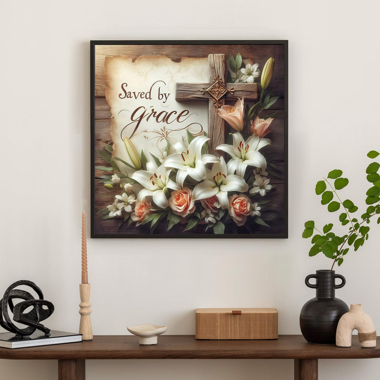 Diamond Art Kits for Adults Religious Cross, DIY 5D Diamond Painting Kit for Beginners Lily Flower, Jesus Full Round Drill Gem Art Dots for Adults, Perfect for Home Wall Decor 14X14 Inch Okarina