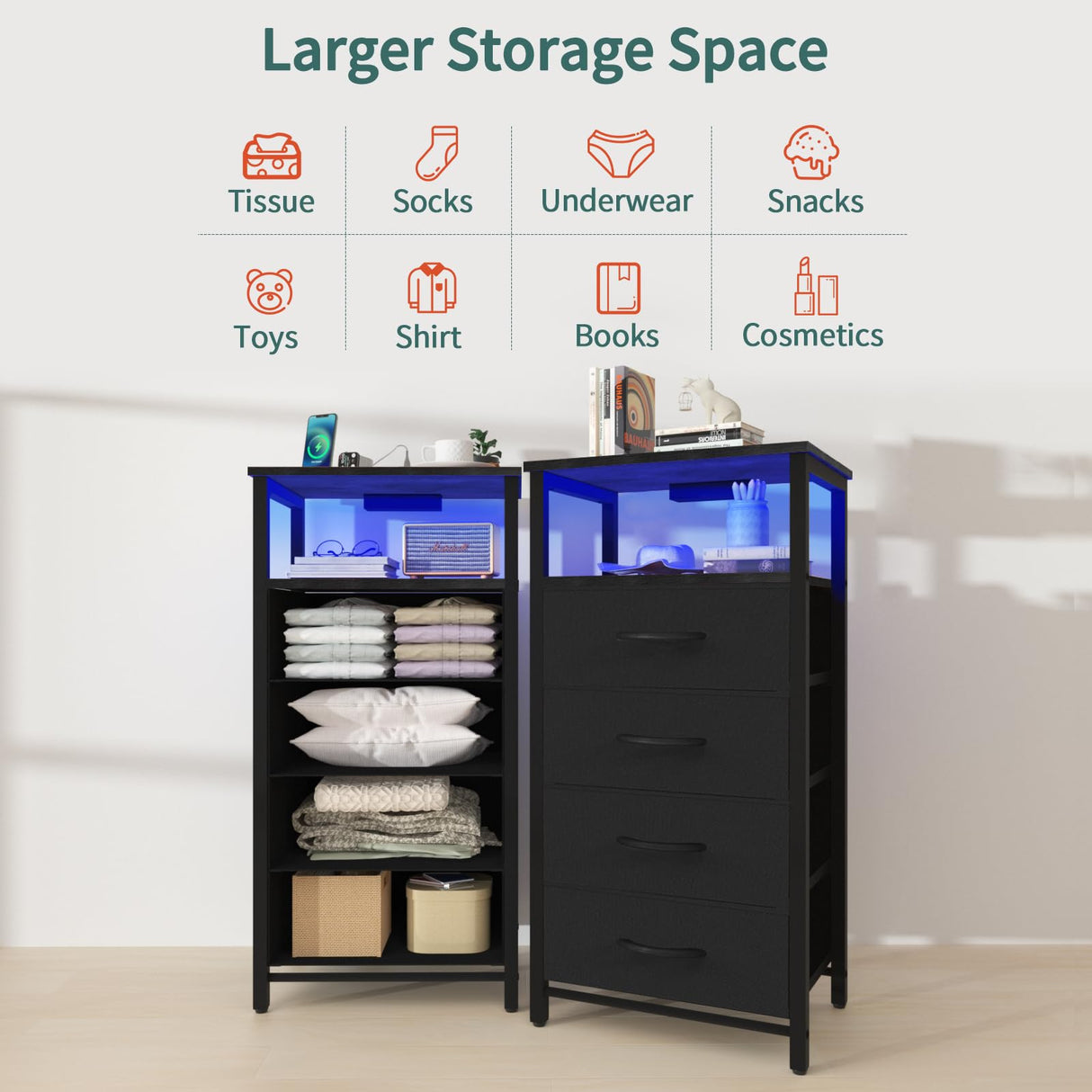 Yoobure Night Stand - Small Dresser for Bedroom, LED Black Nightstand with Charging Station, Bedside Table with 4 Fabric Drawers and Open Shelf, Vertical Dressers with USB Ports and Outlets Yoobure