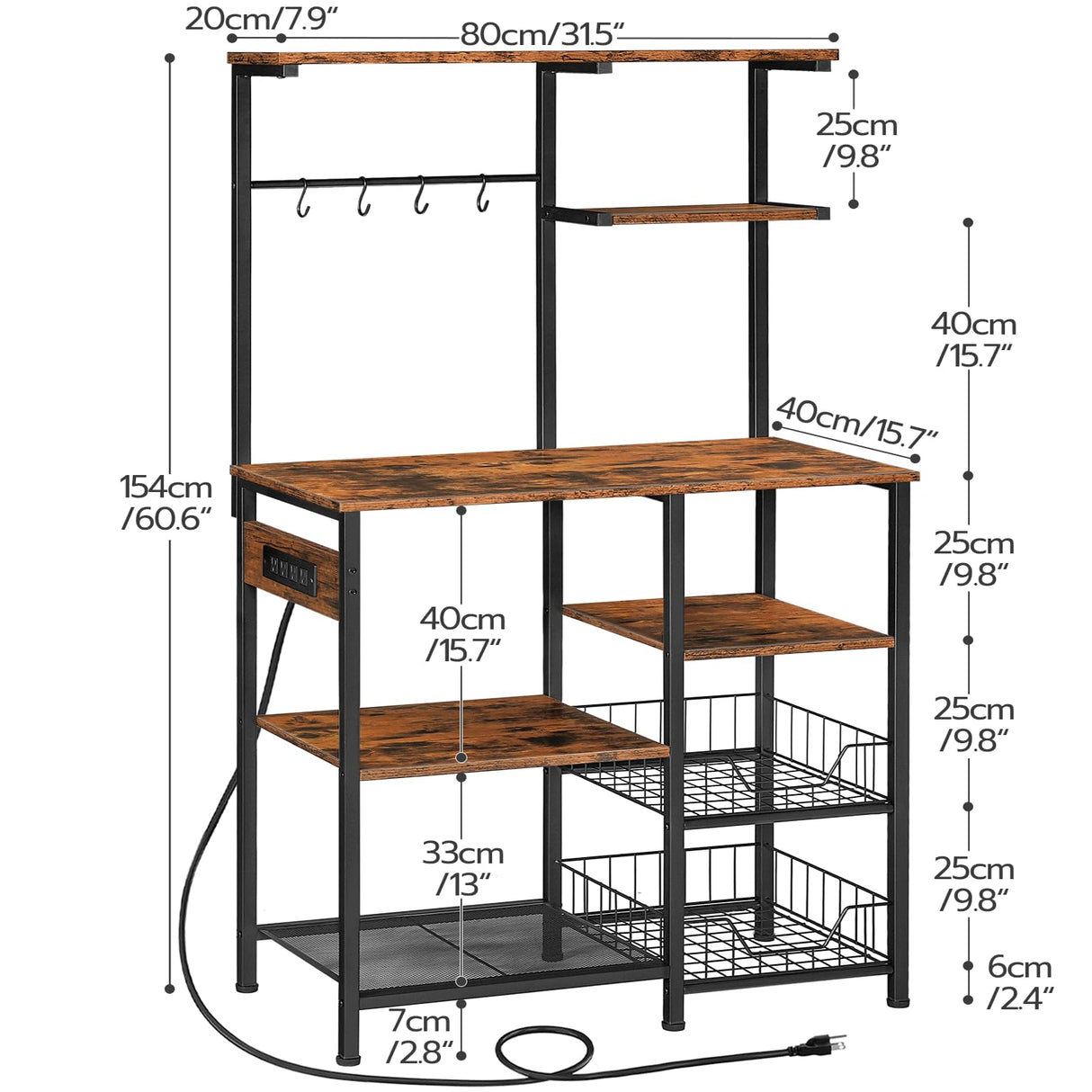 HOOBRO Bakers Rack with Power Outlet and LED Light, 6-Tier Microwave Stand with Wire Baskets, Coffee Bar Station, Kitchen Utility Storage Shelf with 4 Hooks, Rustic Brown and Black BF64UDHB01 HOOBRO