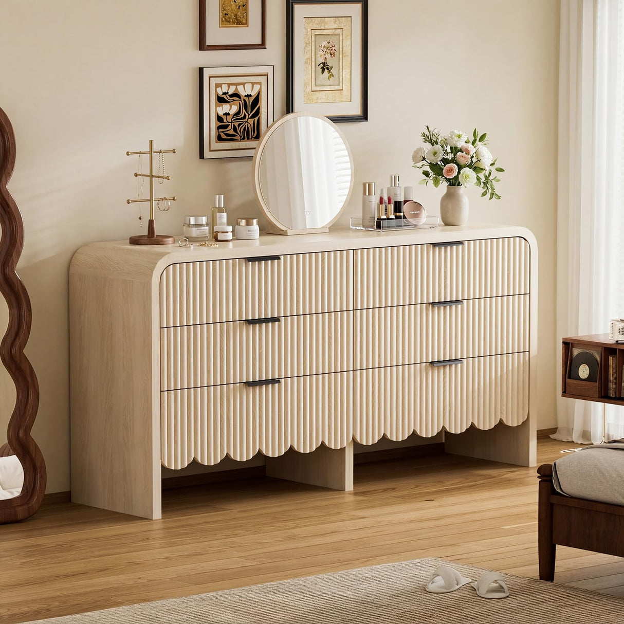 CLLASOU 6 Drawer Dresser for Bedroom, Wood Storage Dresser with Drawers and Metal Handle, Fluted Dressers TV Stand, Modern Closet Chest of Drawers for Bedroom (Beige) CLLASOU