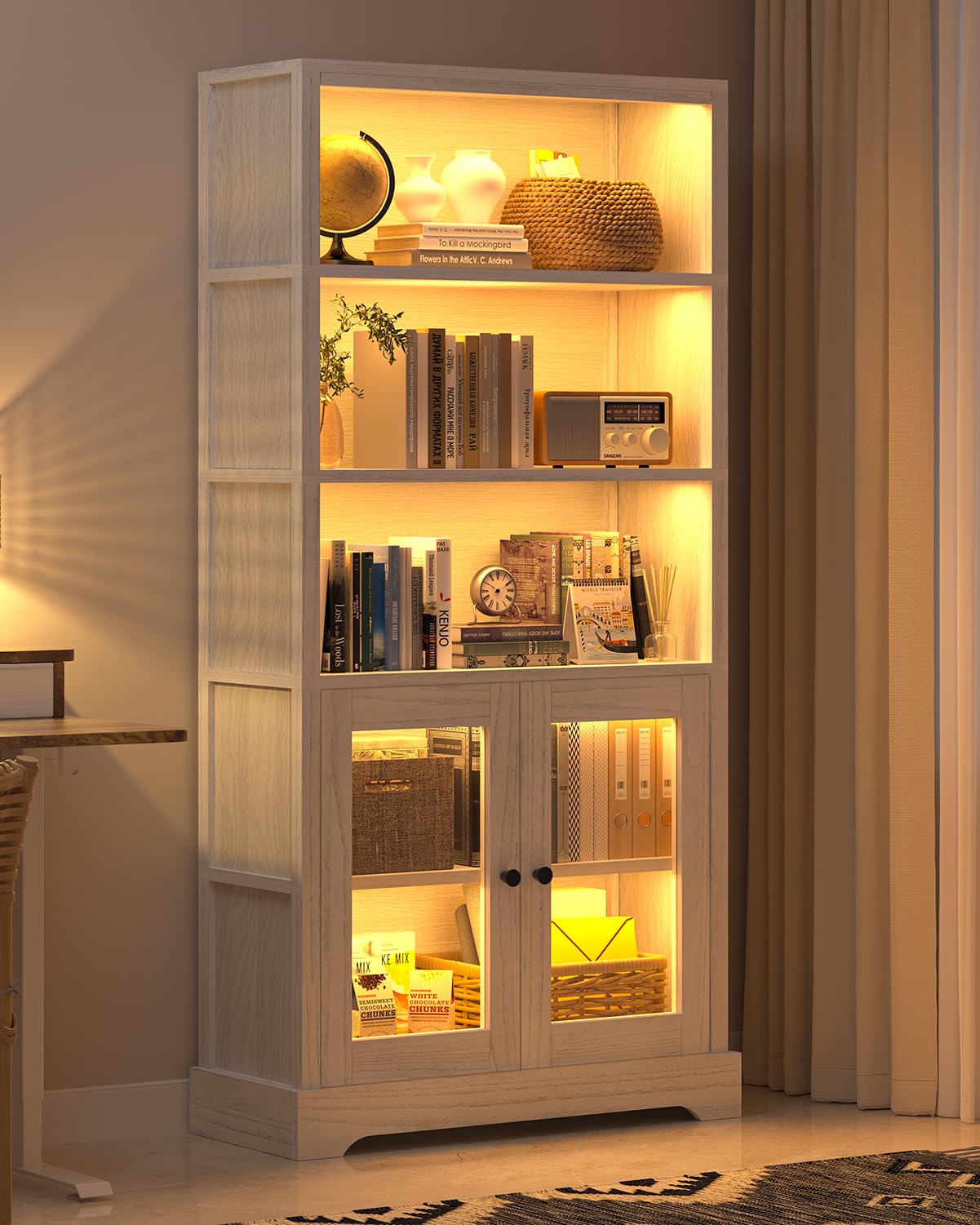 TVU 5-Tier Bookcase with Cabinet & LED, Wood 65 Inch Tall Bookshelf with Storage, Floor Standing Display Book Shelf for Living Room, Office, Study, Entryway (Antique White) TVU