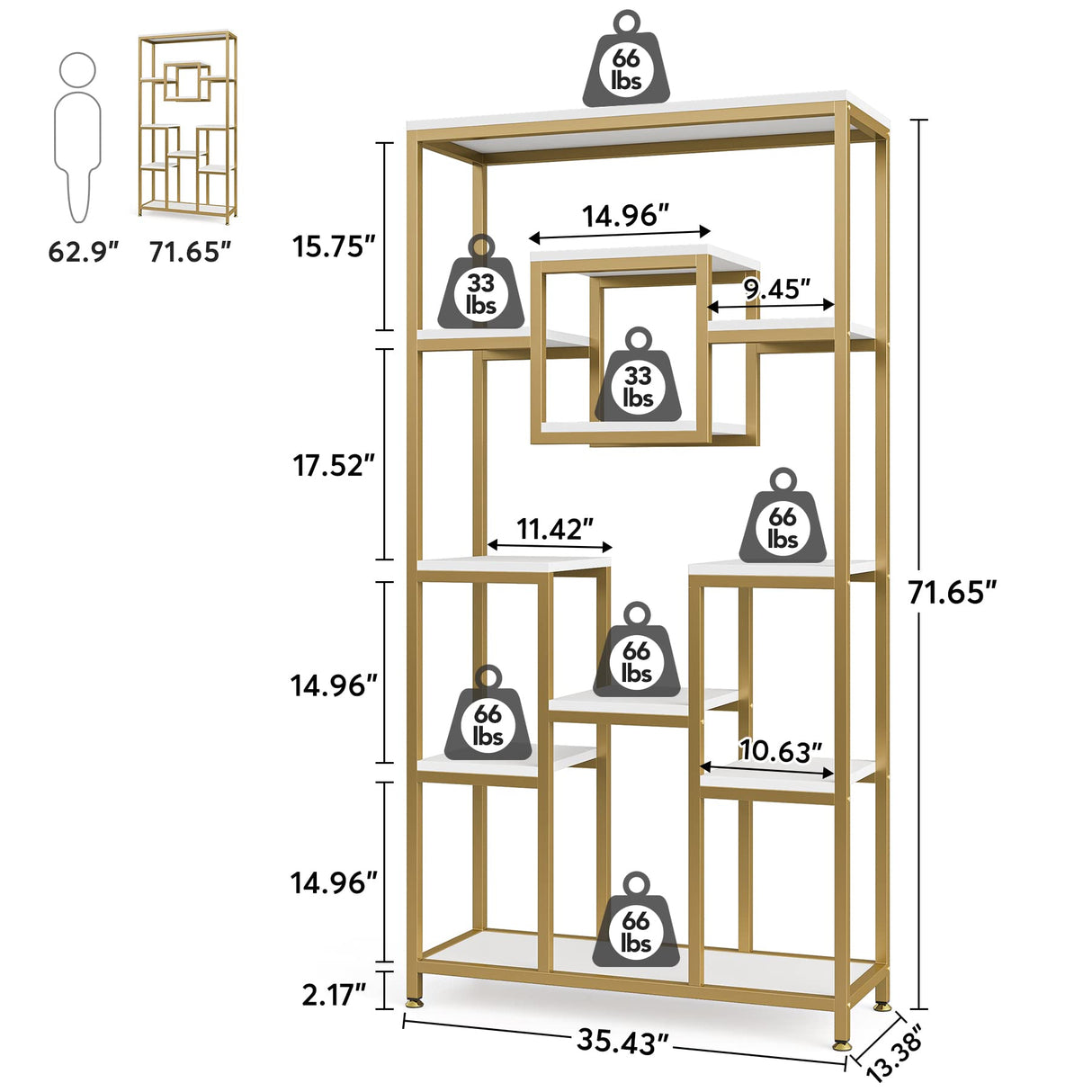 Tribesigns 71" Gold and White Modern 11-Tier Etagere Bookshelf for Elegant Storage and Display Tribesigns