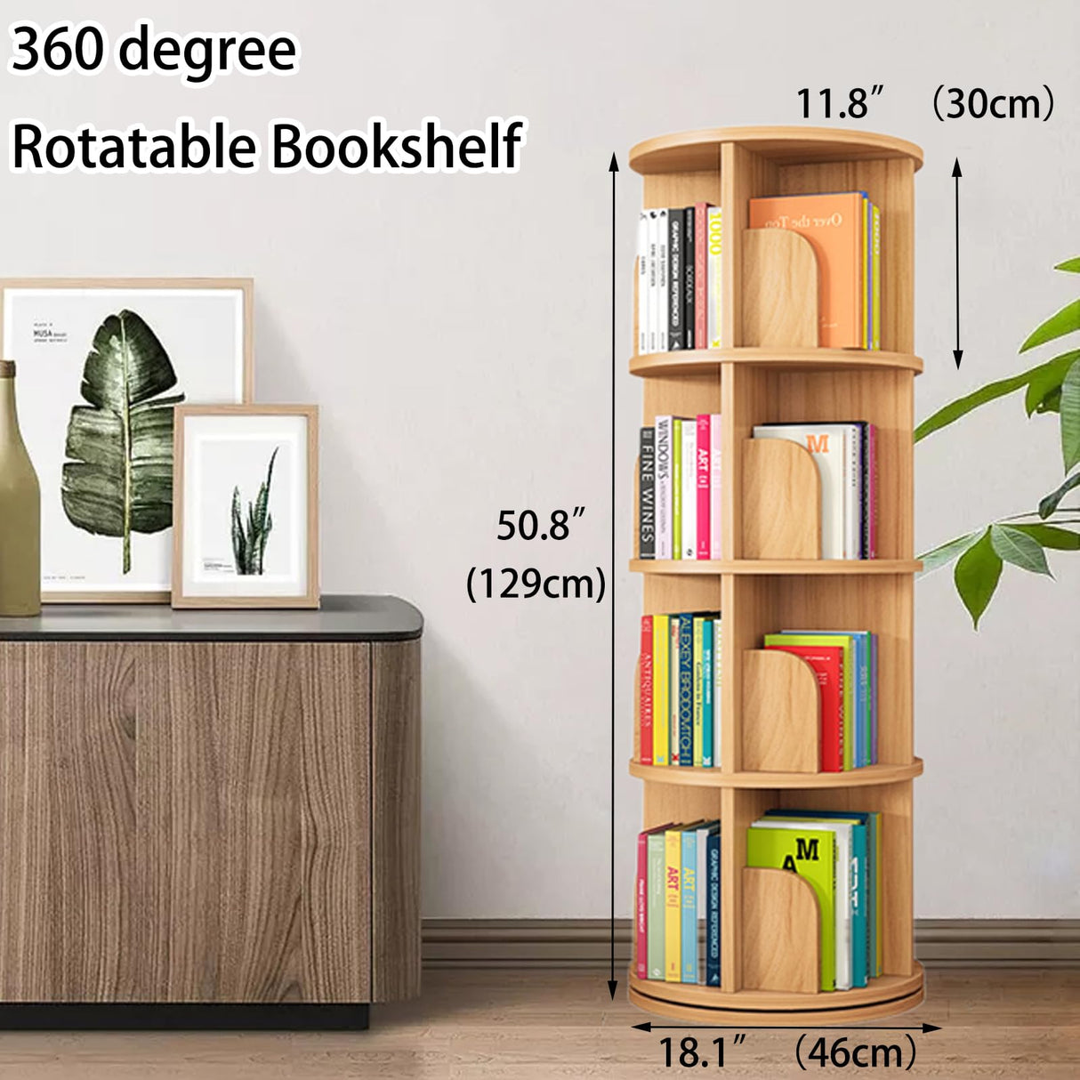 Feuusec 4-Tier Rotating Solid Wood Bookshelf Tower for Kids & Adults - Space-Saving Corner Display Bookcase Feuusec