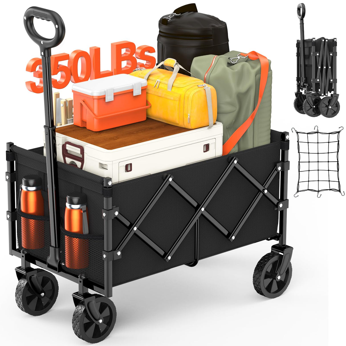 Nadonli Foldable Wagon with Wheels, Portable Heavy Duty Collapsible Beach Cart - Large Capacity Utility Wagon for Shopping, Sports, Camping,Garden,Grocery - Black Nadonli