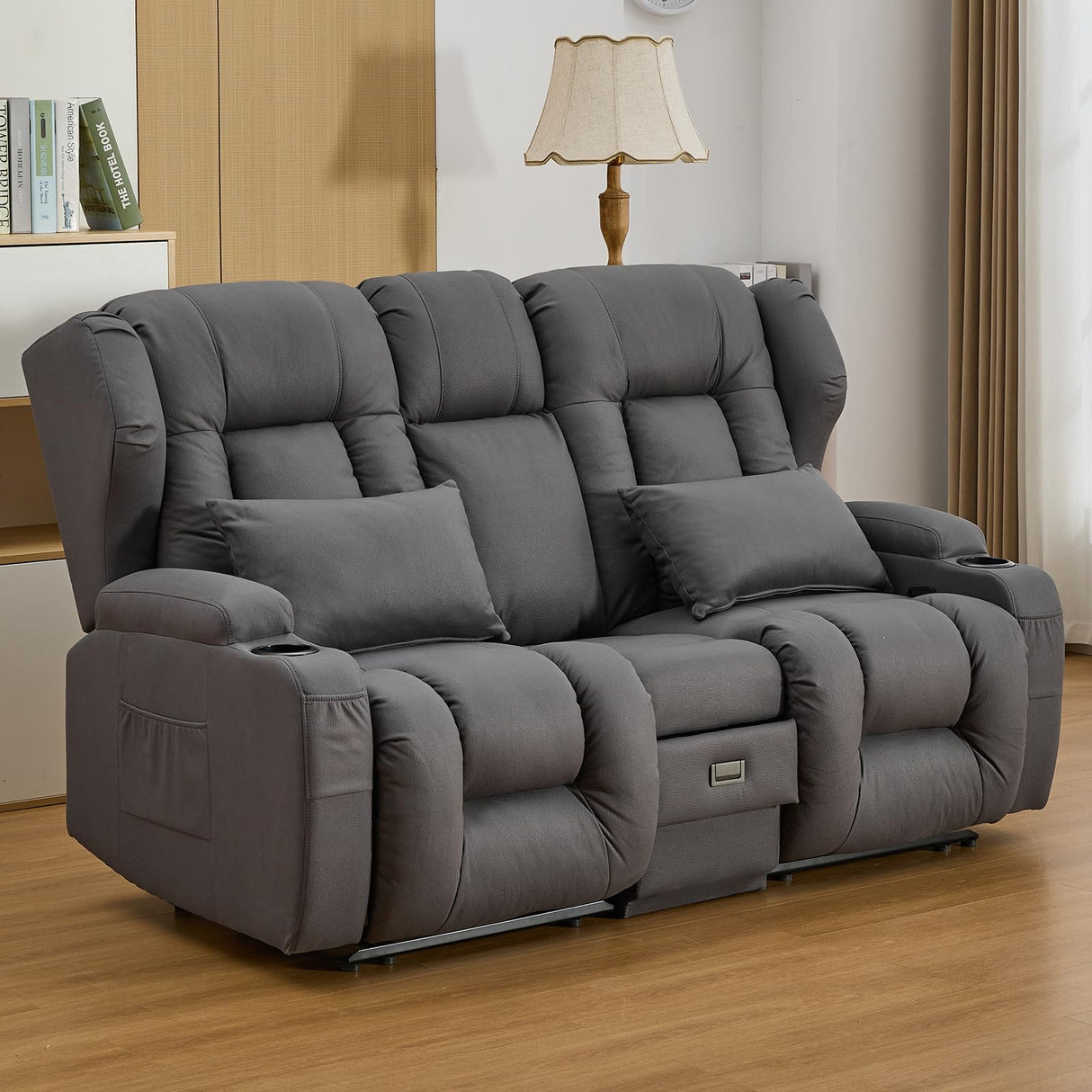 IPKIG 67" RV Loveseat Double Recliner Sofa with FILP Back Console, Storage Drawer, Side Pockets, Lychee Pattern Tech Fabric Manual Reclining Chair Home Theater Seating (Grey) IPKIG