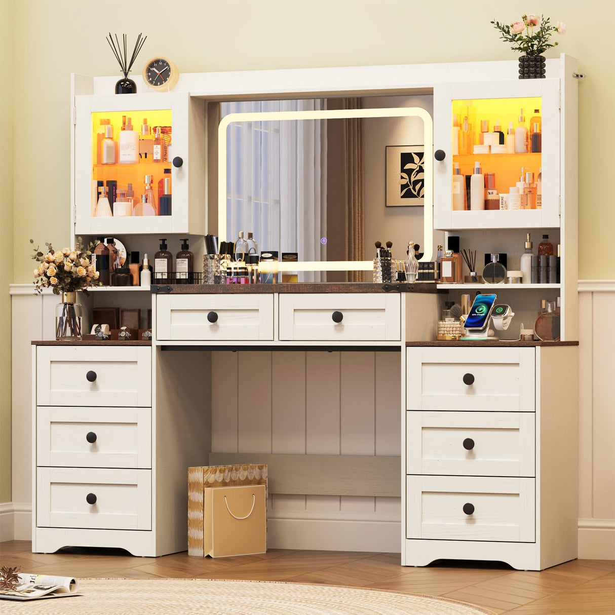 jiteentarou 60" Large Farmhouse Vanity Desk with LED Mirror, Lights and Charging Station, Glass Top Makeup Vanity Table w/8 Drawers, LED Glass Storage Cabinet, Dressing Table for Bedroom, Rustic White jiteentarou