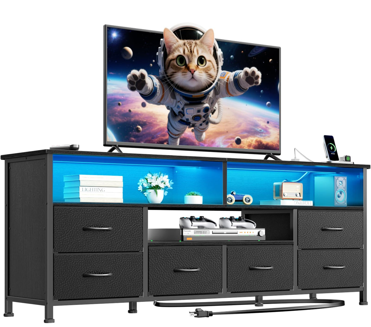 Furologee 55" LED TV Stand for Bedroom with Power Outlets, Entertainment Center with 6 Fabric Drawers for 50/55/60 inch TVs, Dresser TV Stand Long Console Media Table for Living Room, PU Black Furologee