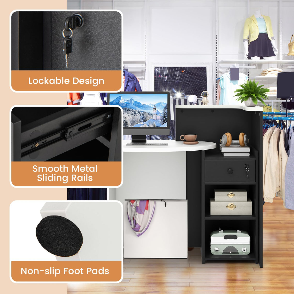 Tangkula Reception Desk, Front Counter Desk with Lockable Drawer & Adjustable Shelf, Oval Desktop, Retail Counter for Checkout, Computer Workstation for Salon Lobby Home Office Tangkula