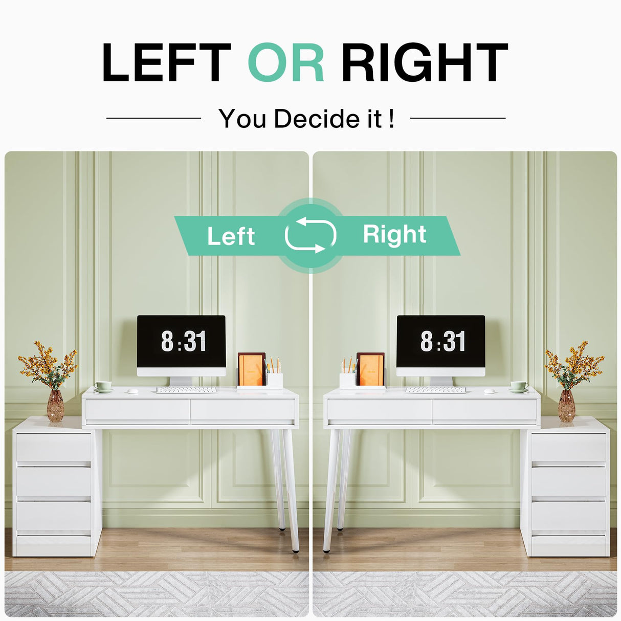 Tribesigns White Desk with 5 Drawers, High Gloss White Modern Home Office Desk with Storage Drawers and Printer Stand, Reversible Computer Desk Vanity Desk for Bedroom, Living Room Tribesigns