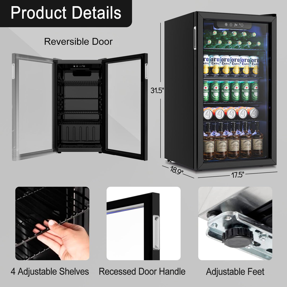 Feelfunn 3.2 Cu.Ft Mini Fridge with Glass Door - 126 Can Beverage Refrigerator Cooler for Drink Beer Wine Soda, Small Fridge for Bedroom Office Bar Dorm, 4 Adjustable Shelves, Black Feelfunn
